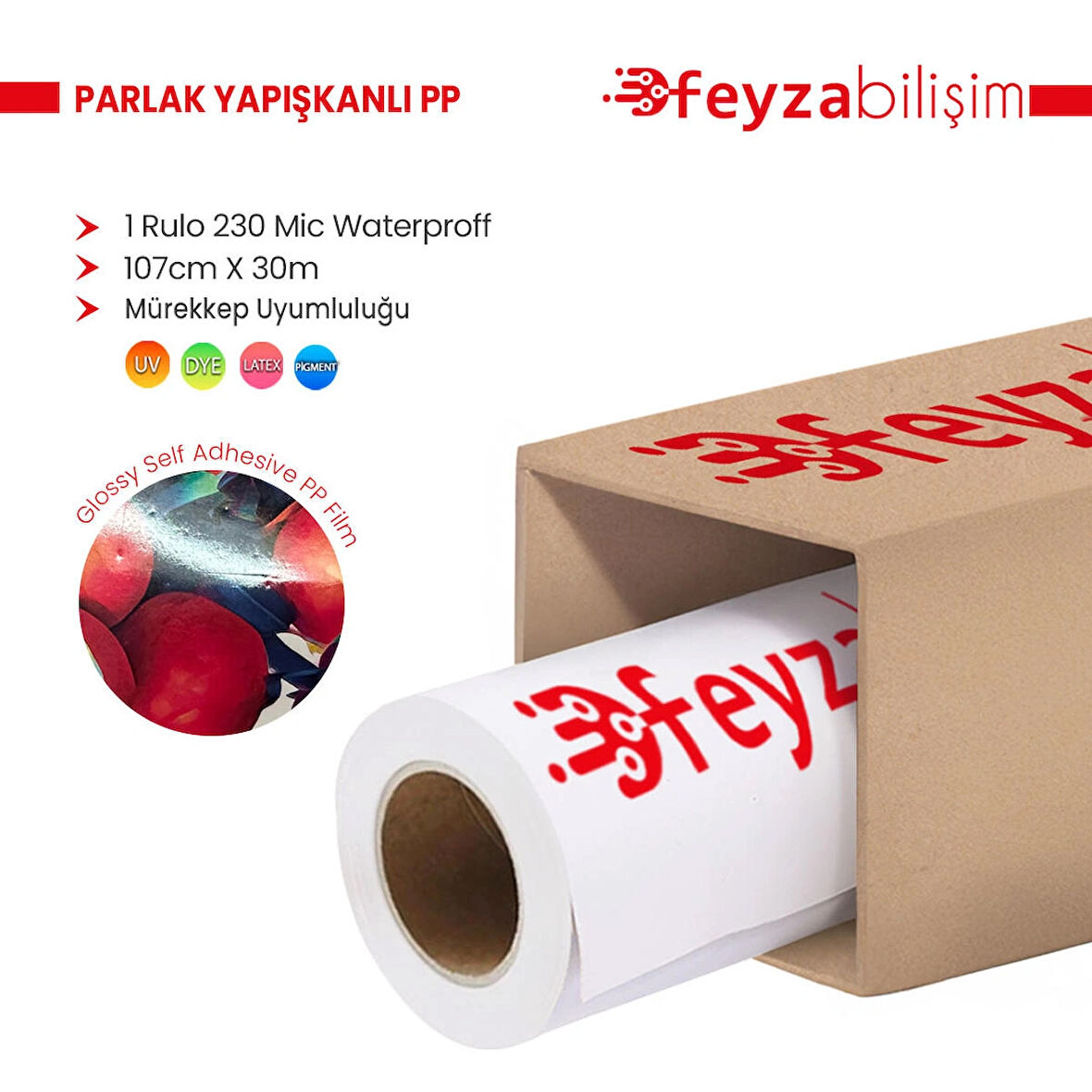Feyza Bilişim® Microporous Parlak Glossy PP Film Yapışkanlı Waterprof 230 Mic 107cm x 30 mt (1 Rulo)
