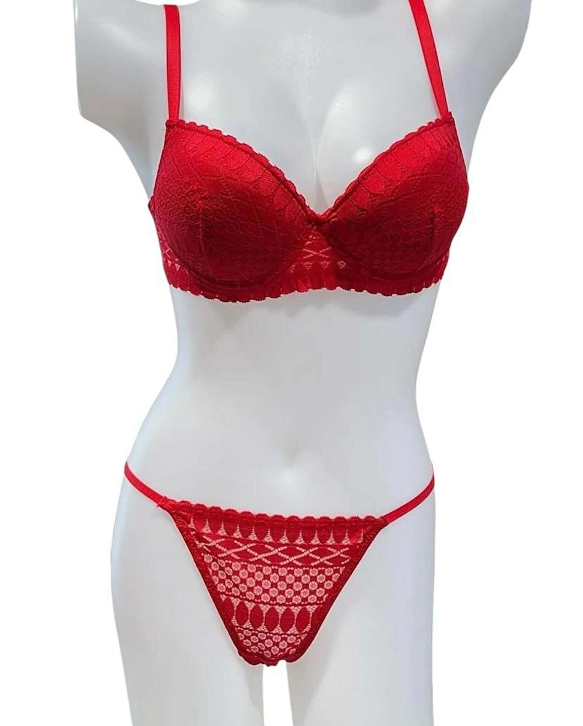 Dantel Işlemeli Kırmızı Dolgulu Balenli Destekli Sütyen Külot Iç Çamaşır Takımı Push Up