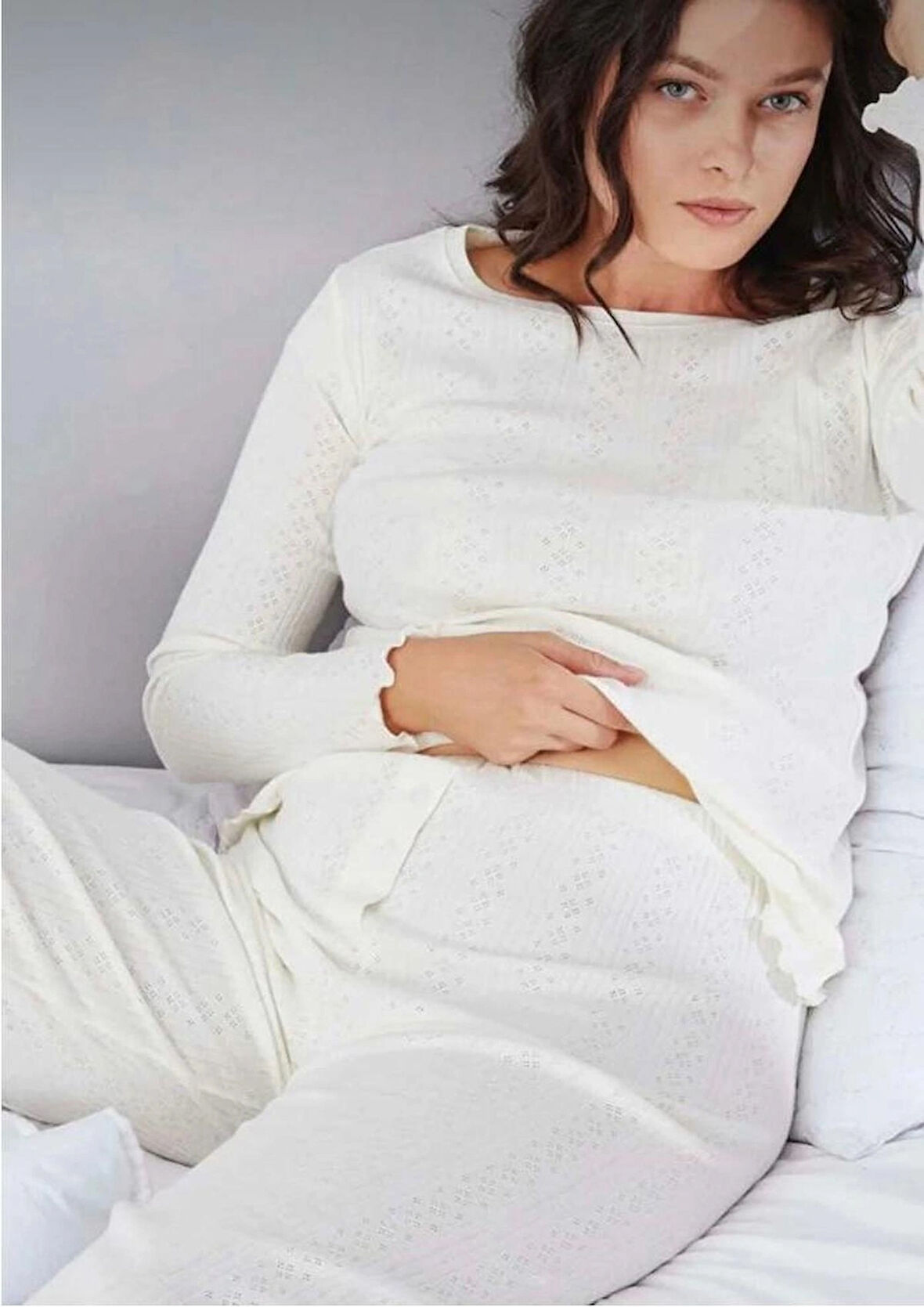 Saf %100 Pamuk Uzun Kol Kadın Pijama Takımı