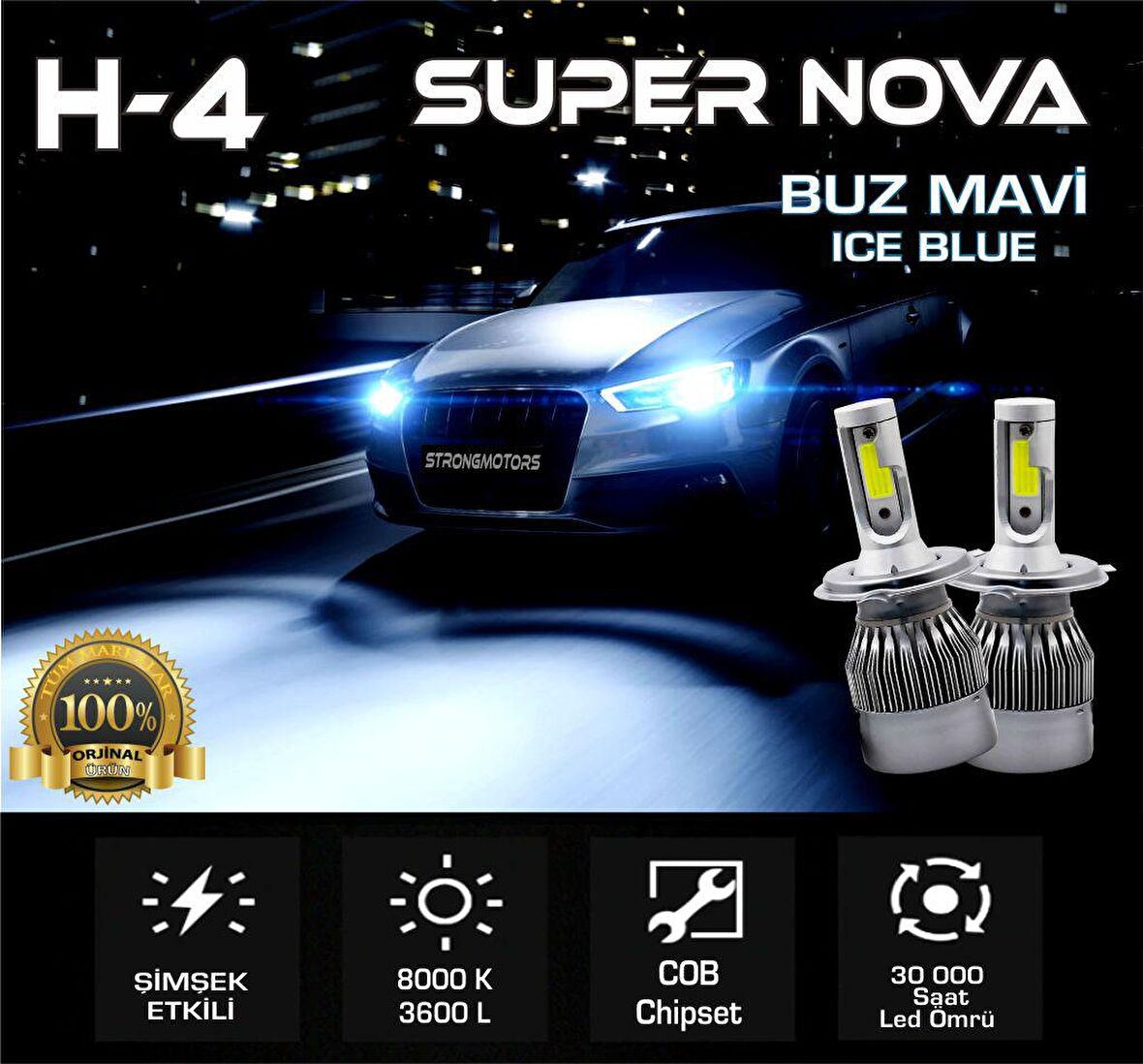 SuperNova Buz Mavi H4 Simsek Etkili Zenon COB Led Xenon Led Headlight