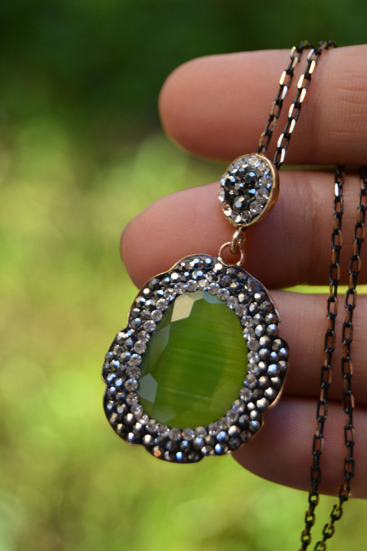 STONEAGE JEWELLERY Kadın Kolye Kedi Gözü Fıstık Yeşili