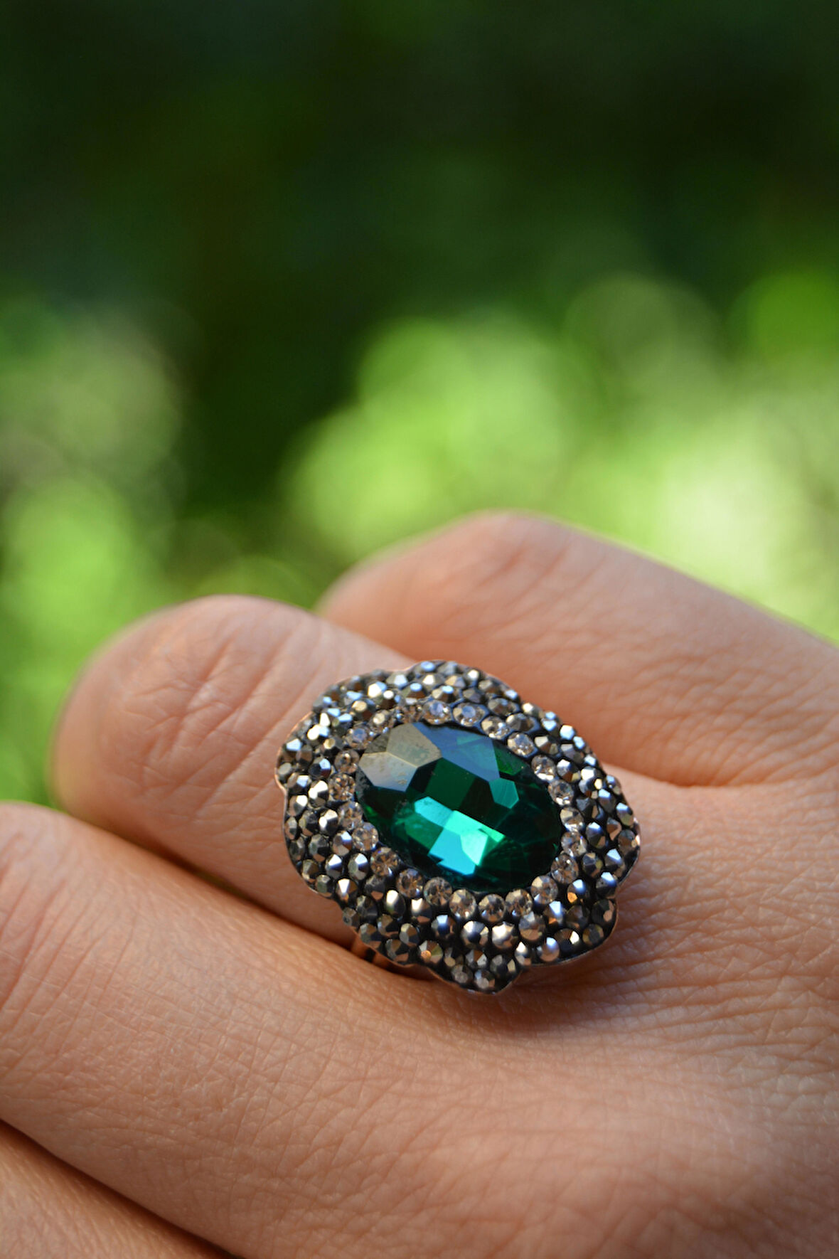 STONEAGE Yeşil Kristal Taşlı El Yapımı Kadın Ayarlanabilir Yüzük