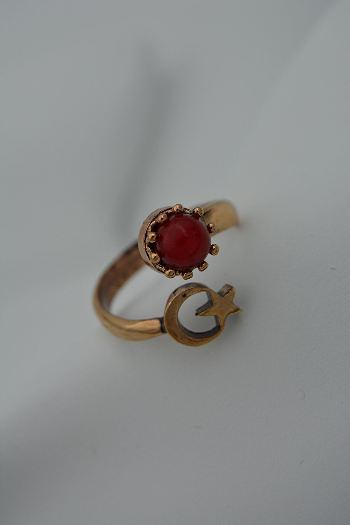 STONEAGE Yüzük Ayarlanabilir Ay Yıldız Mercan Taşlı Türk