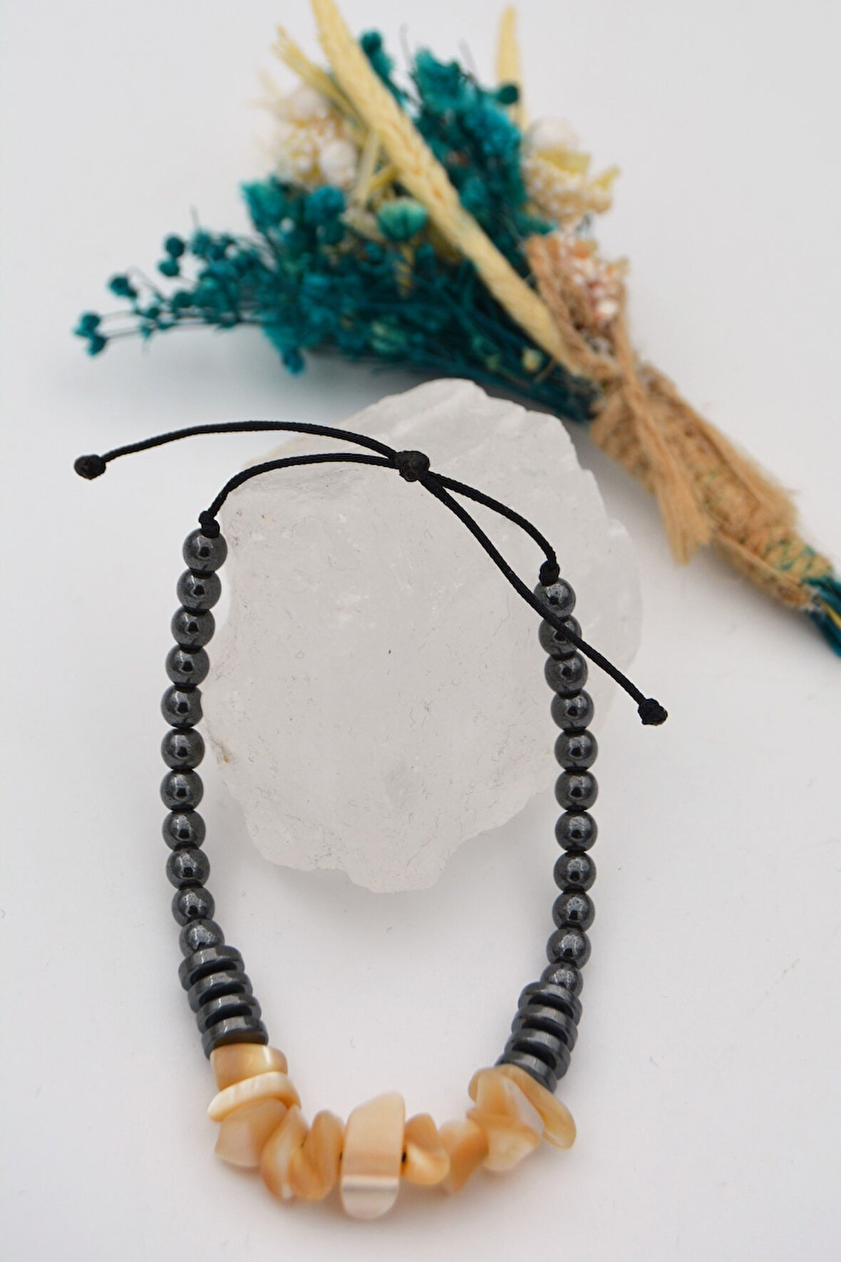 STONEAGE Gerçek Sedef ve Hematit taşlı Metalsiz Şifa Bilekliği