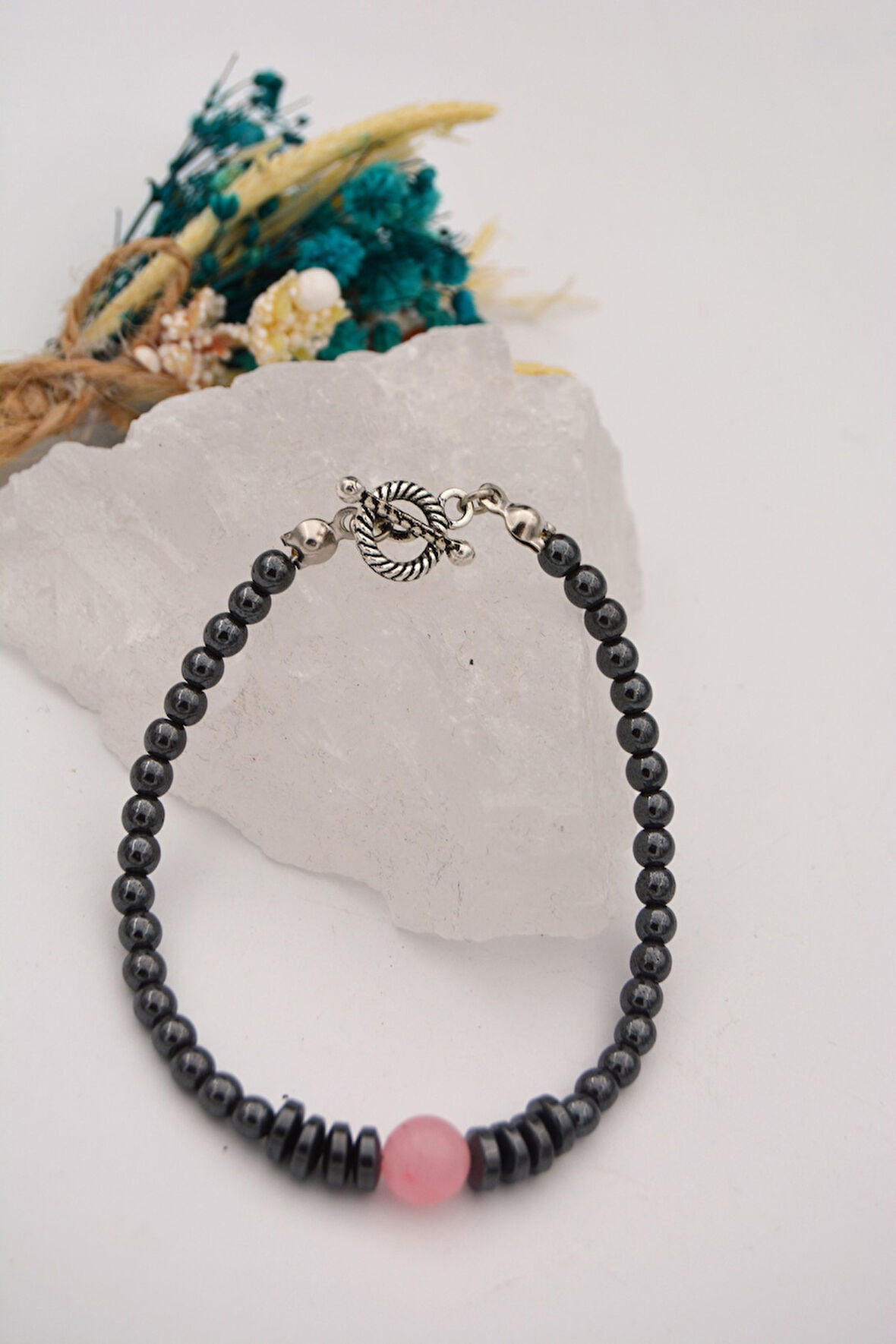 STONEAGE Pembe Kuvars ve Hematit Taşlı Şifa Bilekliliği