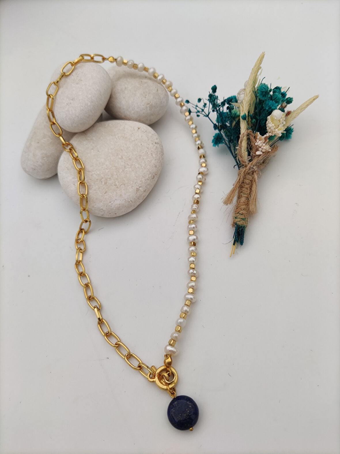 STONEAGE İnci ve Lapis Lazuli Taşlarından Şifa Kolyesi