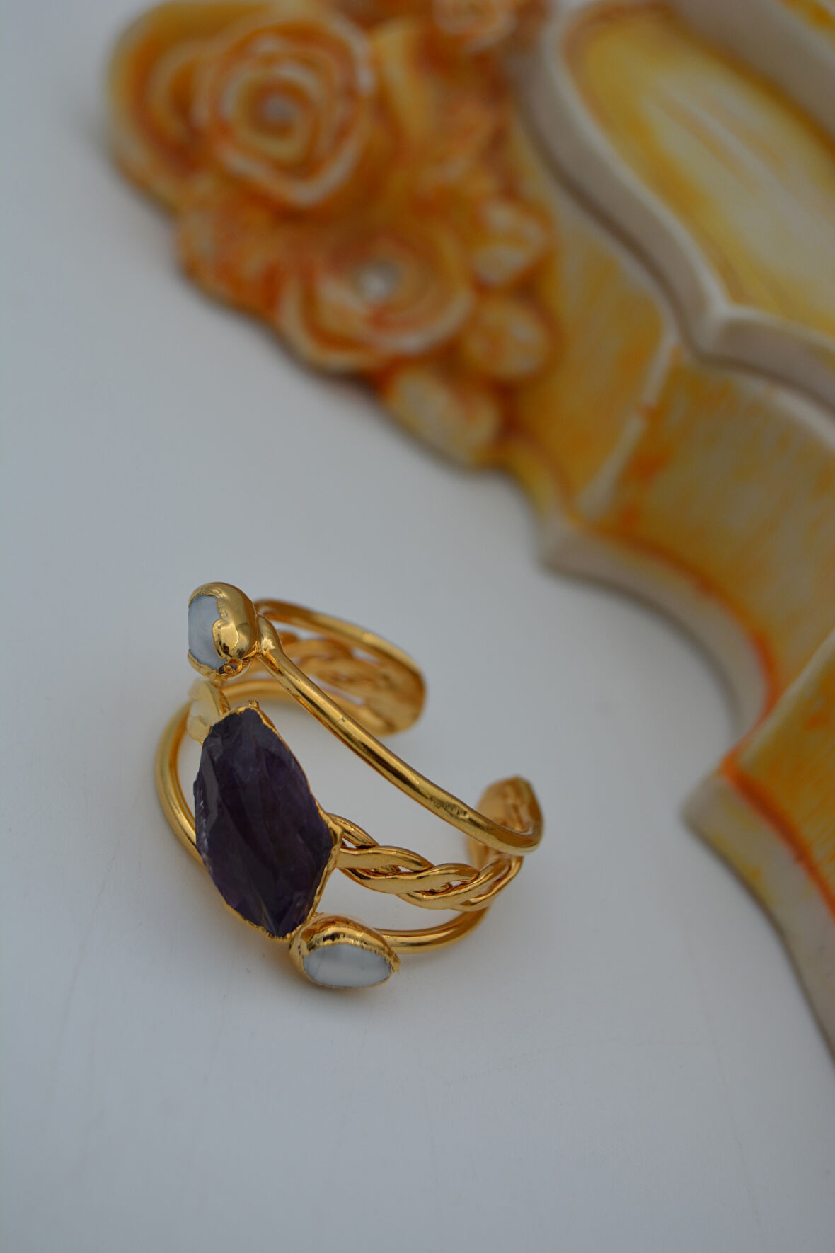 STONEAGE JEWELLERY Kırma Ametist ve İnci Tasarım Bayan Yüzük