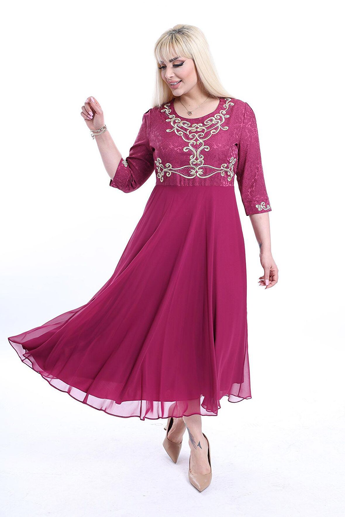 Nakışlı Uzun Büyük Beden Abiye Elbise F10-2343