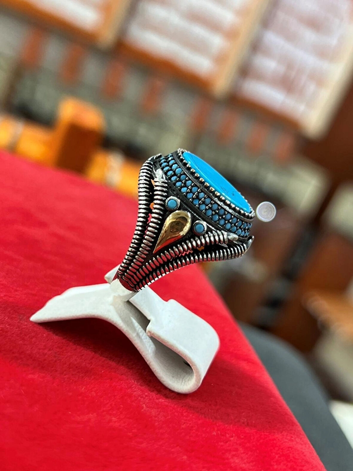 Oval Model Mavi Taşlı Yöresel Otantik Gümüş Erkek Yüzük