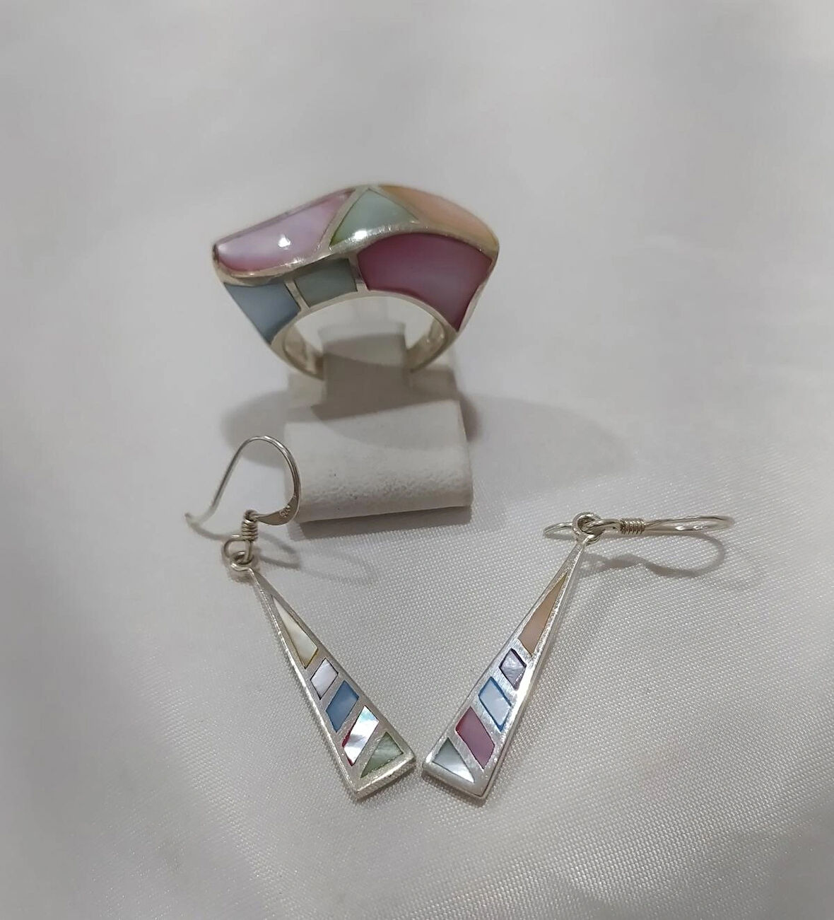 Mekik Modeli İkili Set Küpe Yüzük Takım Gümüş Kadın Set