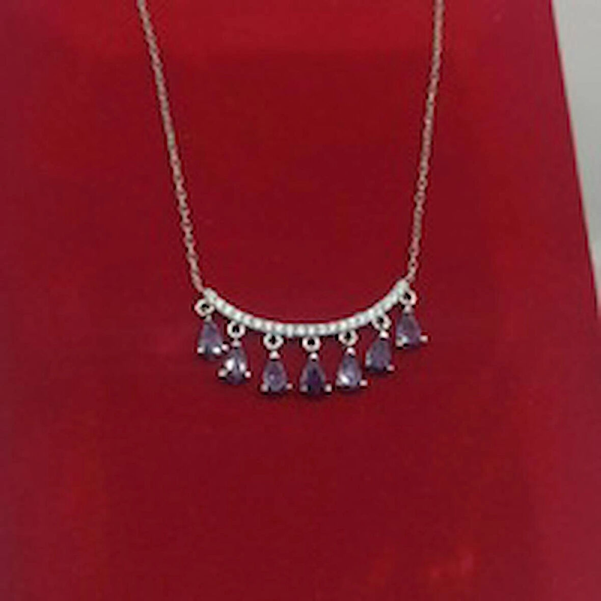 *Salsa Modeli Mor Damla Taşlı Gümüş Kadın Kolye