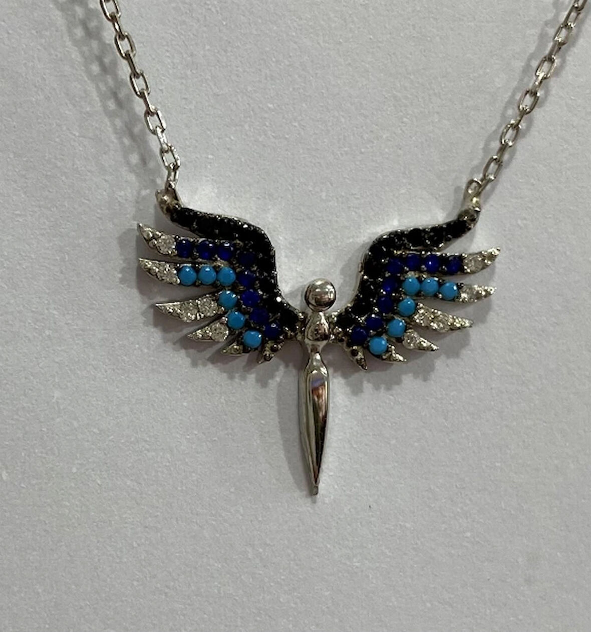 Melek Kanatlı Mavi Taşlı Gümüş Şans Kolyesi