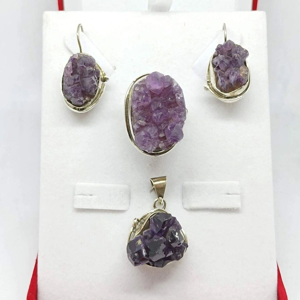 Doğal Amatist Taşlı Üçlü Gümüş Set & Takım