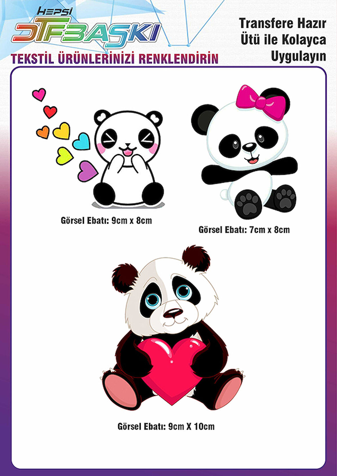 Sevimli Panda 3 Adet Ütü ile Yapışan Tekstil DTF Baskı