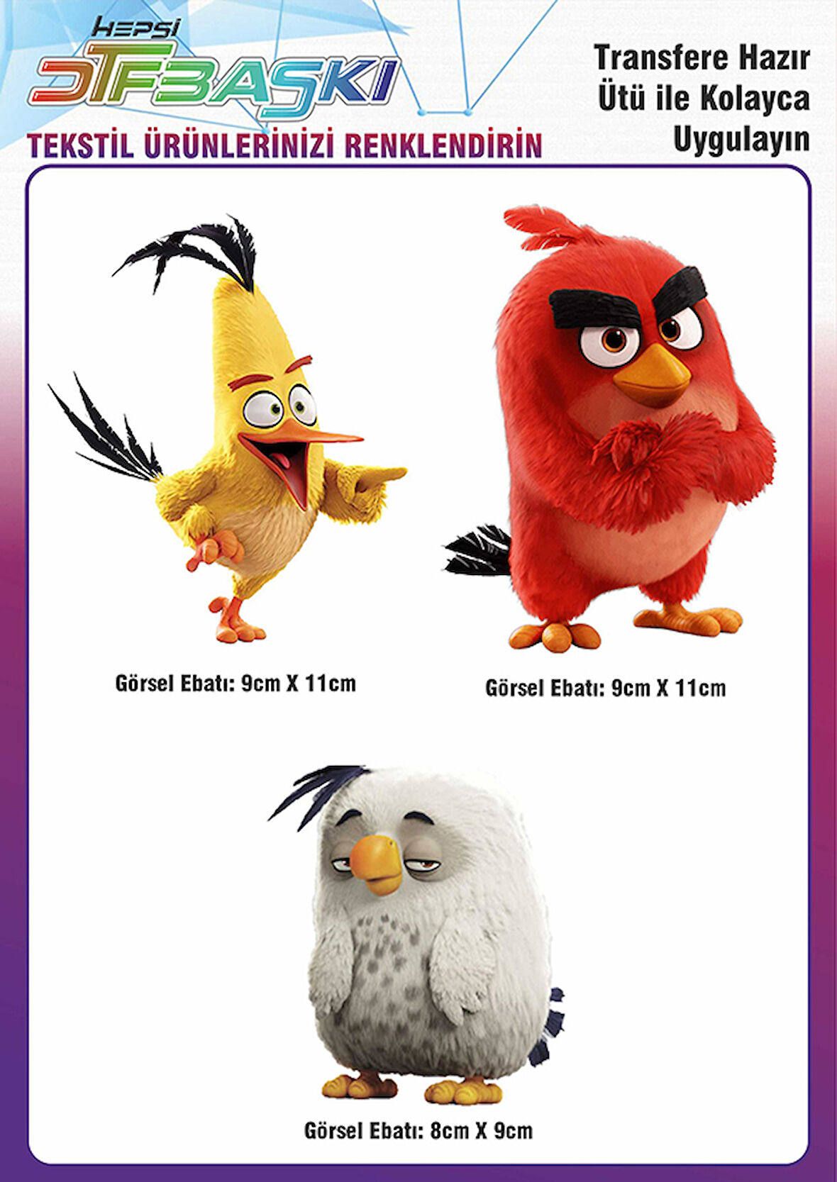 Angry Birds 3 Adet Ütü ile Yapışan Tekstil DTF Baskı