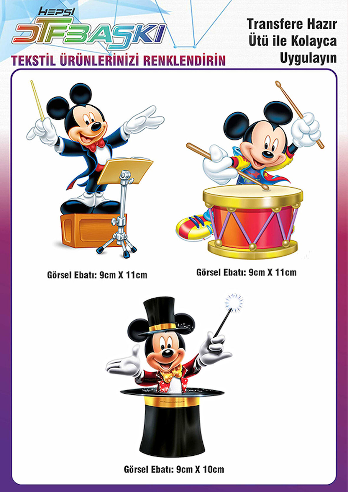 Mickey Mouse 3 Adet Ütü ile Yapışan Tekstil DTF Baskı
