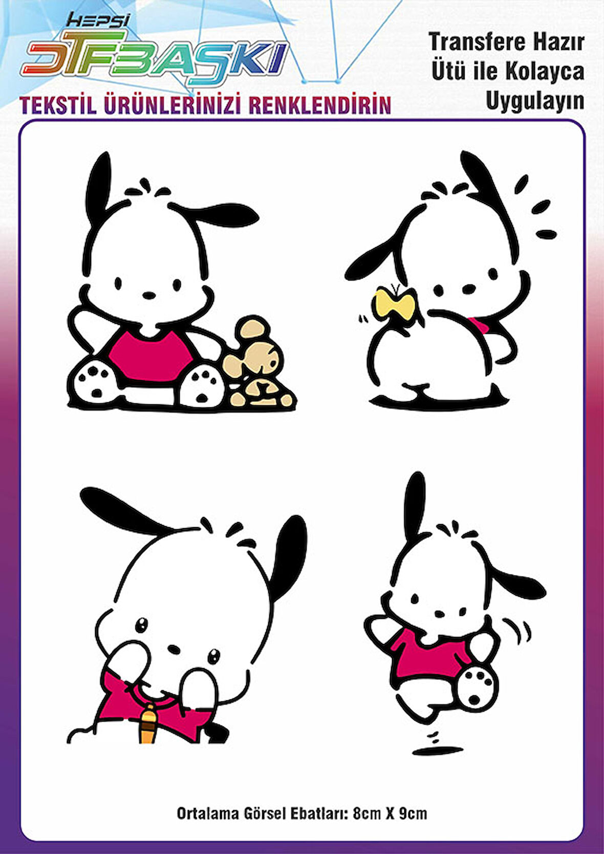 Pochacco Ütü ile Yapışan Tişört Tekstil Transfer Dtf Baskı