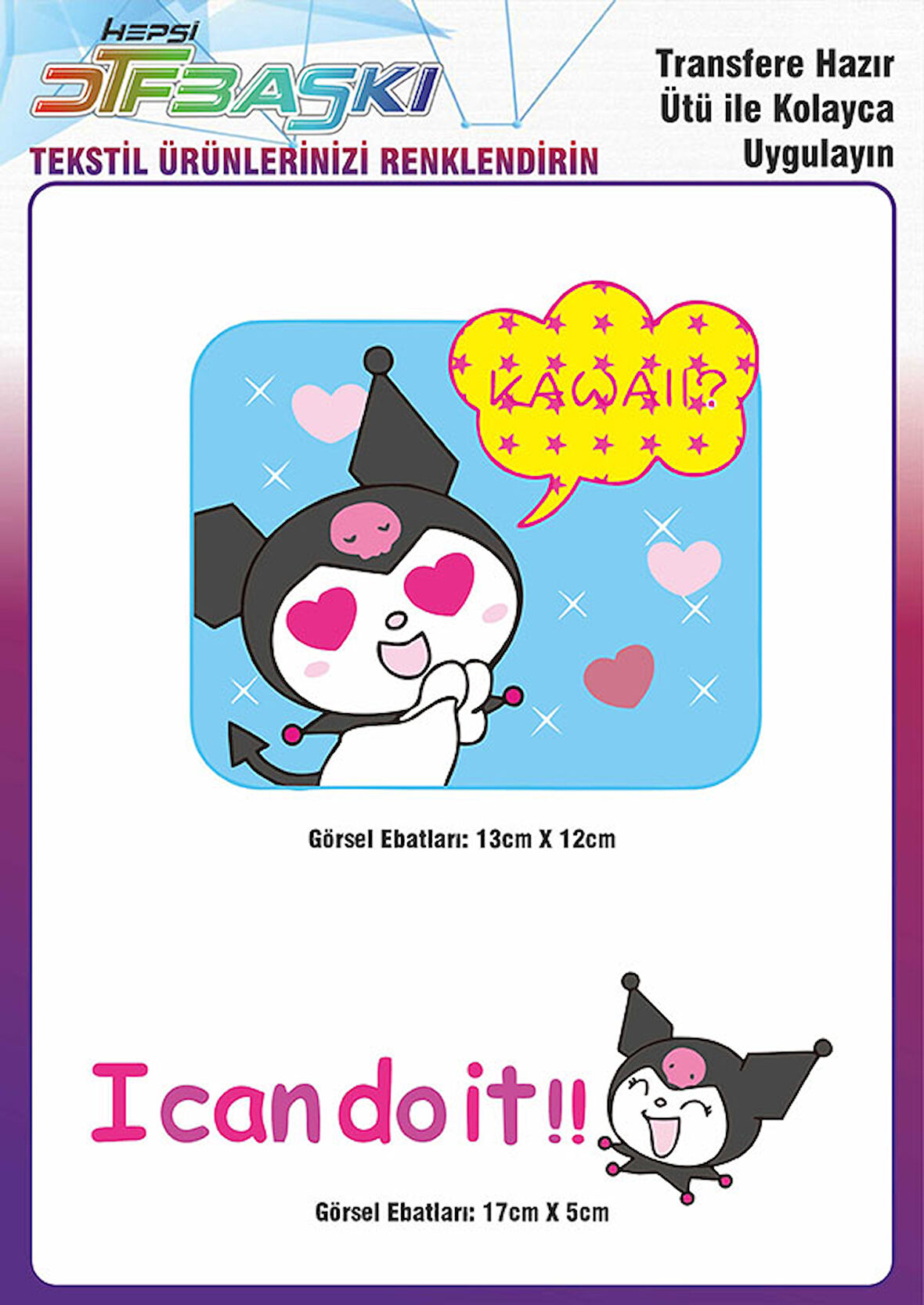 Kuromi Ütü ile Yapışan Tişört Tekstil Transfer Dtf Baskı