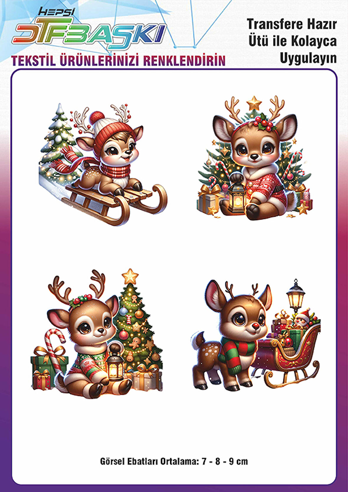Sevimli Geyik 4 Adet Yılbaşı Noel Ütü ile Yapışan Tişört Tekstil Transfer Dtf Baskı