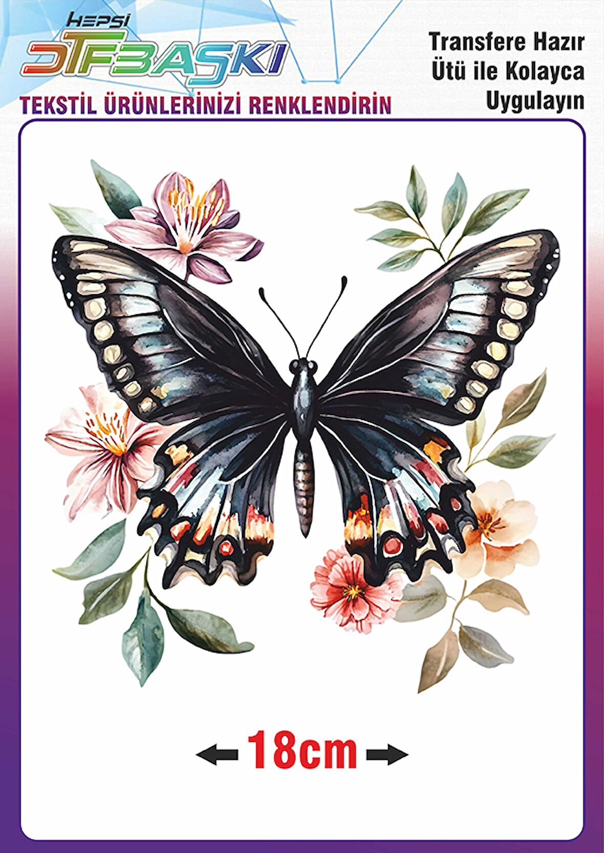Kelebek Çiçek Ütü ile Yapışan Tekstil Dtf Baskı