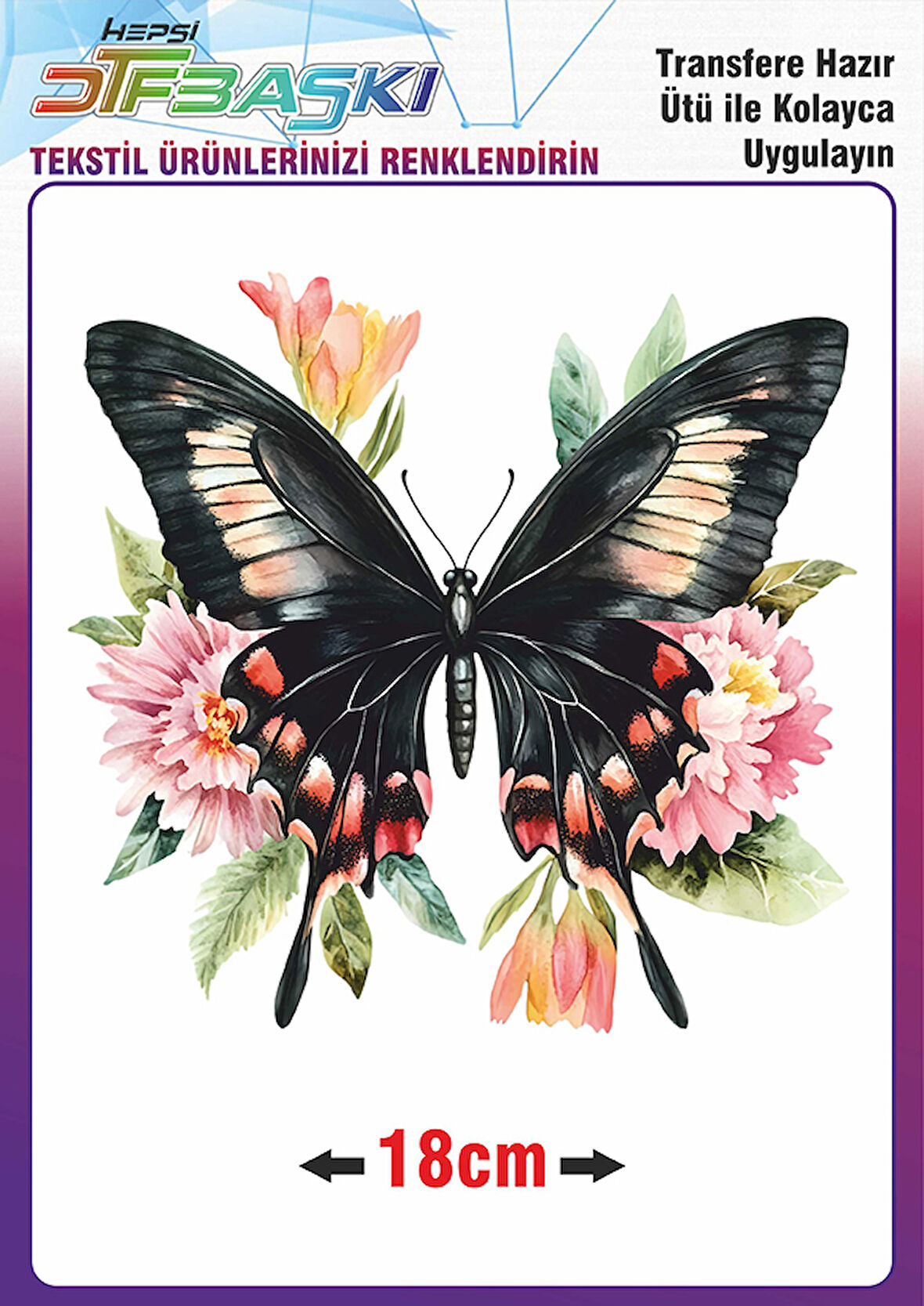 Kelebek Çiçek Ütü ile Yapışan Tekstil Dtf Baskı