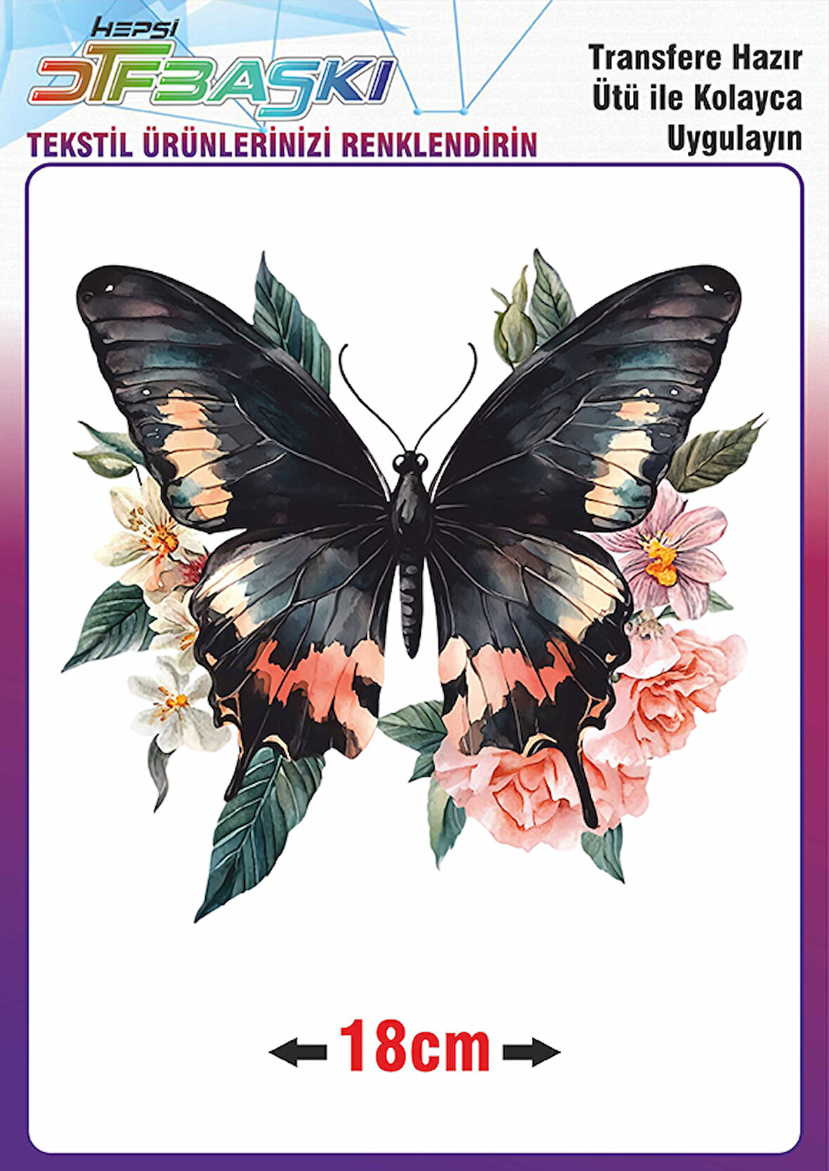 Kelebek Çiçek Ütü ile Yapışan Tekstil Dtf Baskı
