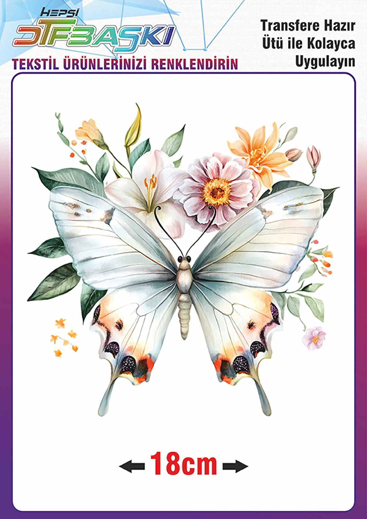 Kelebek Çiçek Ütü ile Yapışan Tekstil Dtf Baskı