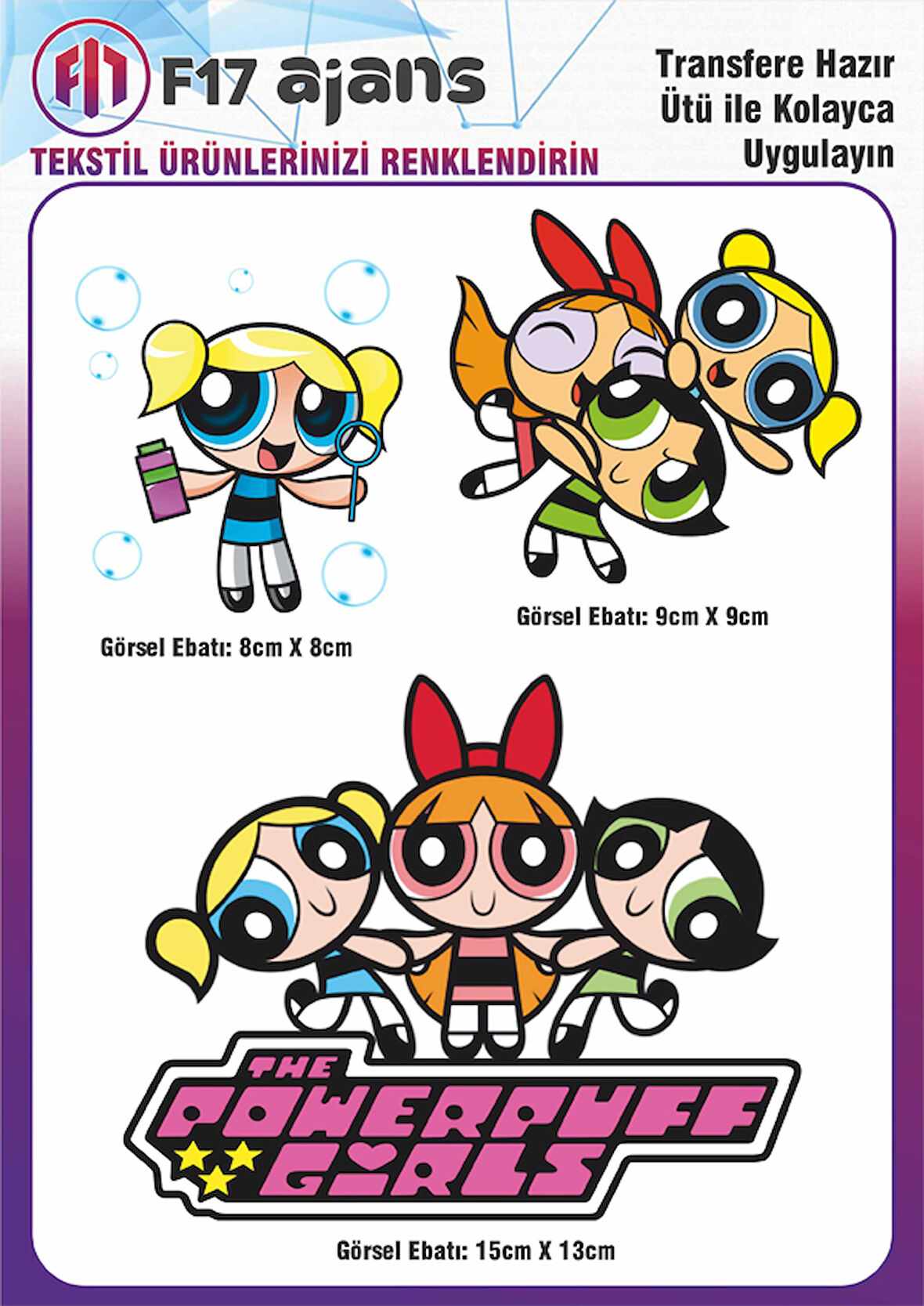 Ütü ile Yapışan Tekstil DTF Transfer Baskı Powerpuff Girls
