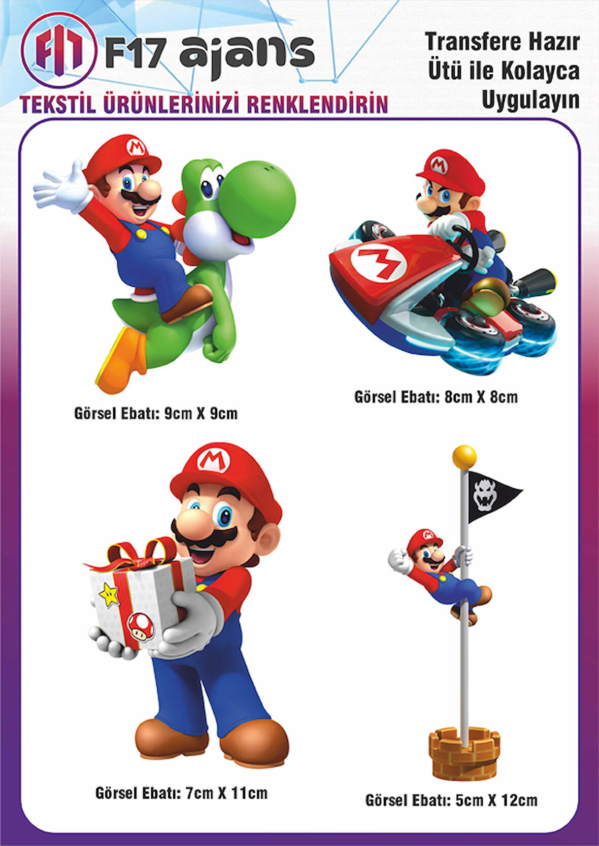 Ütü ile Yapışan Tekstil DTF Transfer Baskı Süper Mario 4'lü Set