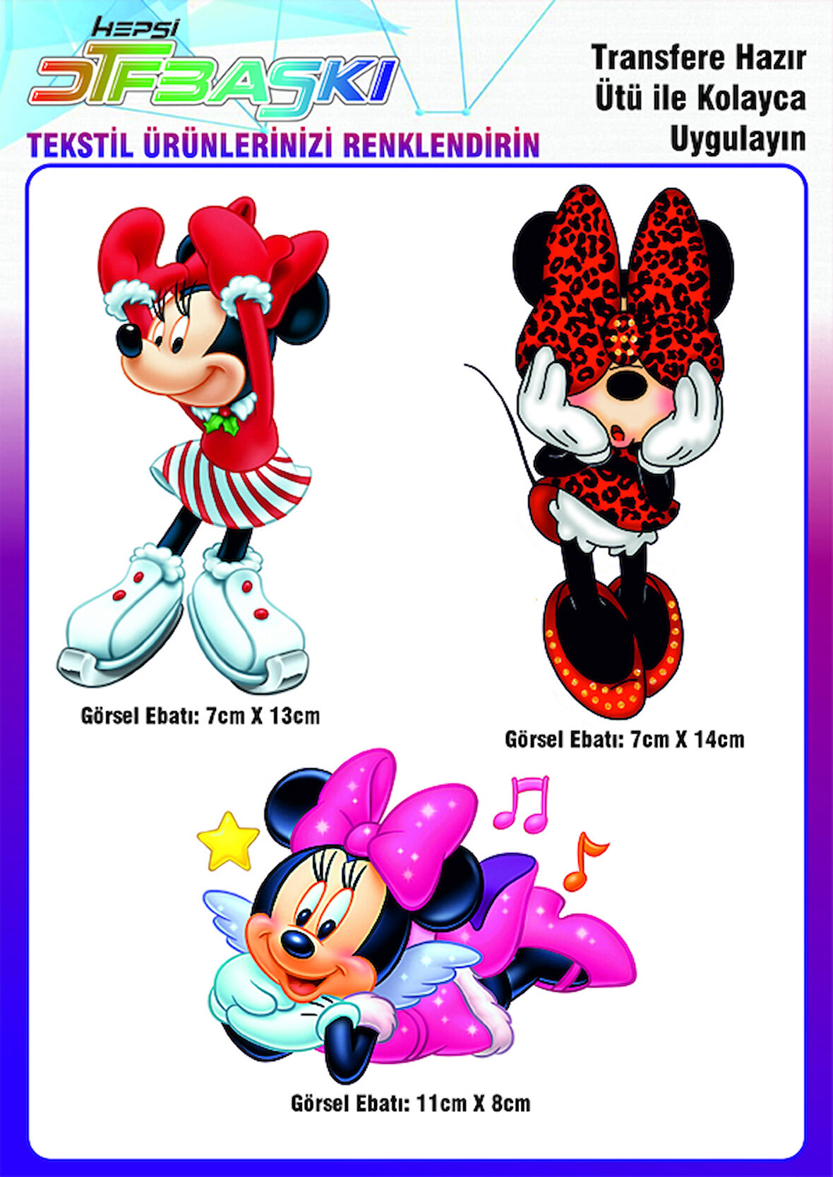 Minnie Mickey Mouse 3 Adet Ütü ile Yapışan Tekstil DTF Baskı