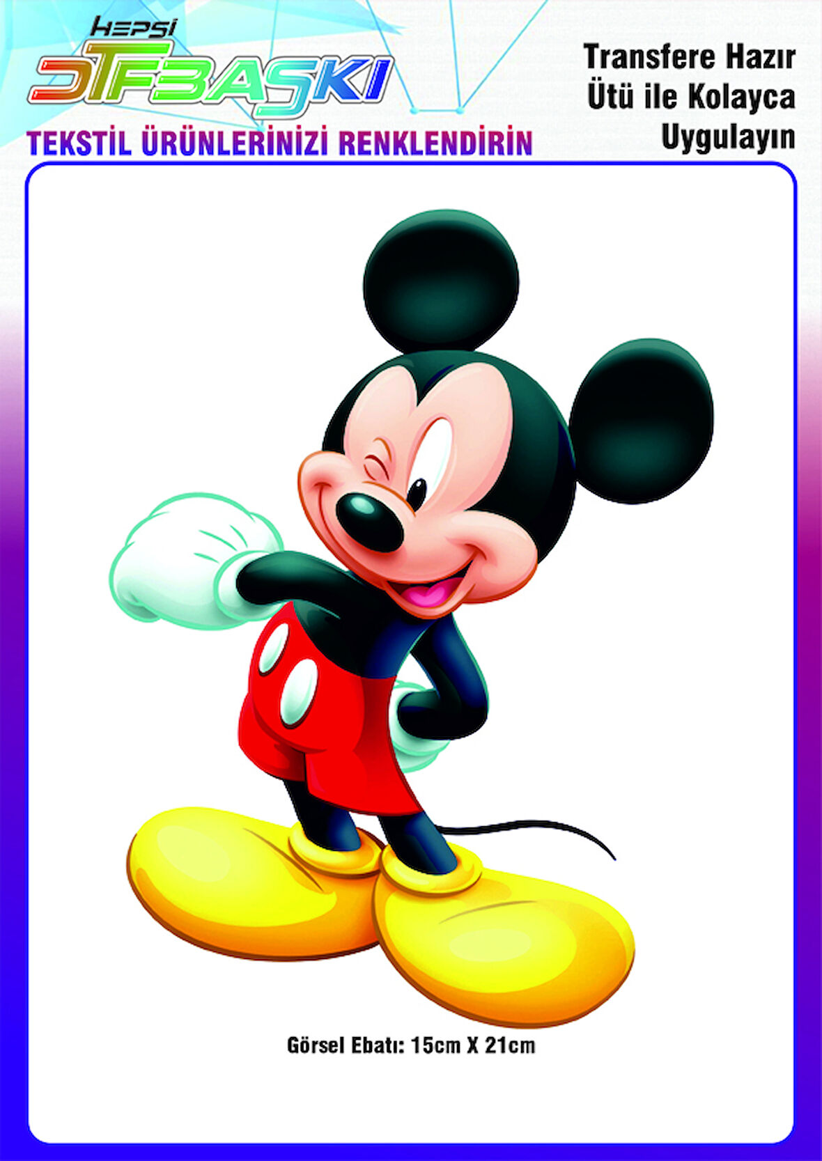 Mickey Mouse 1 Adet Büyük Ütü ile Yapışan Tekstil DTF Baskı