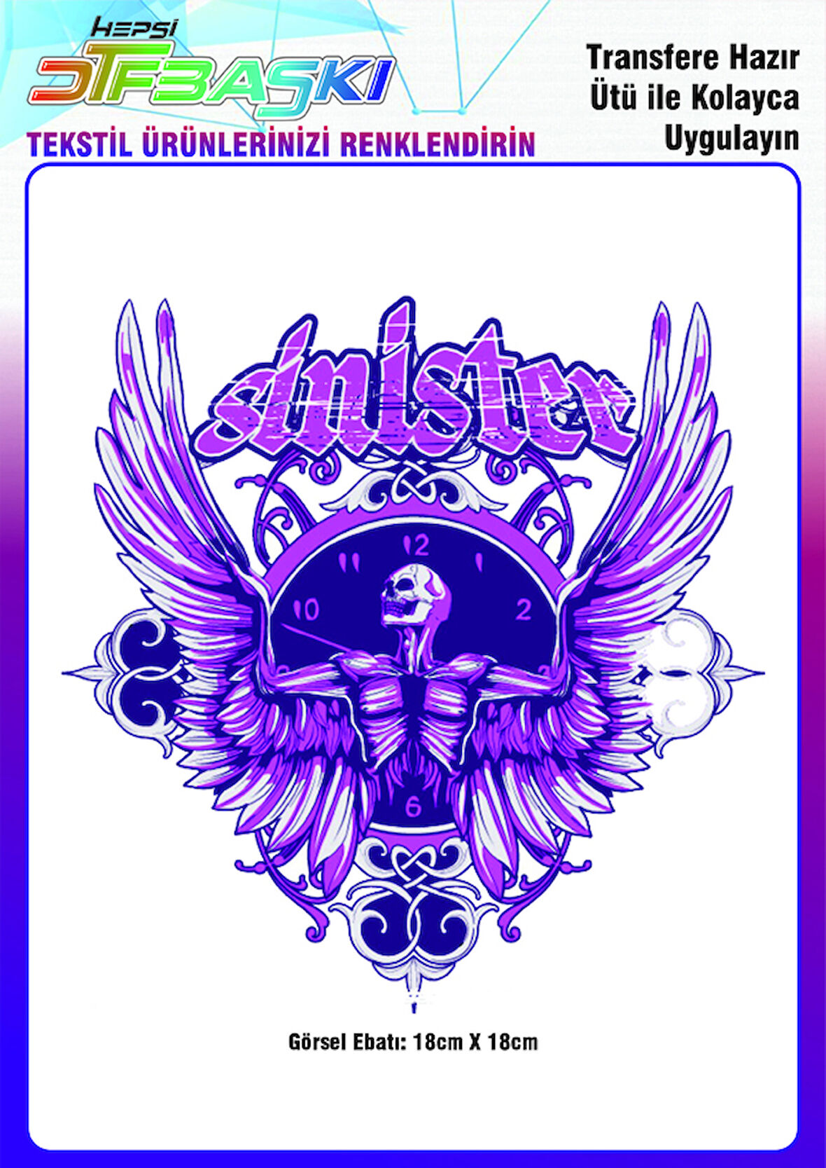 Sinister Kanatlı Kuru Kafa Ütü ile Yapışan Tekstil DTF Baskı