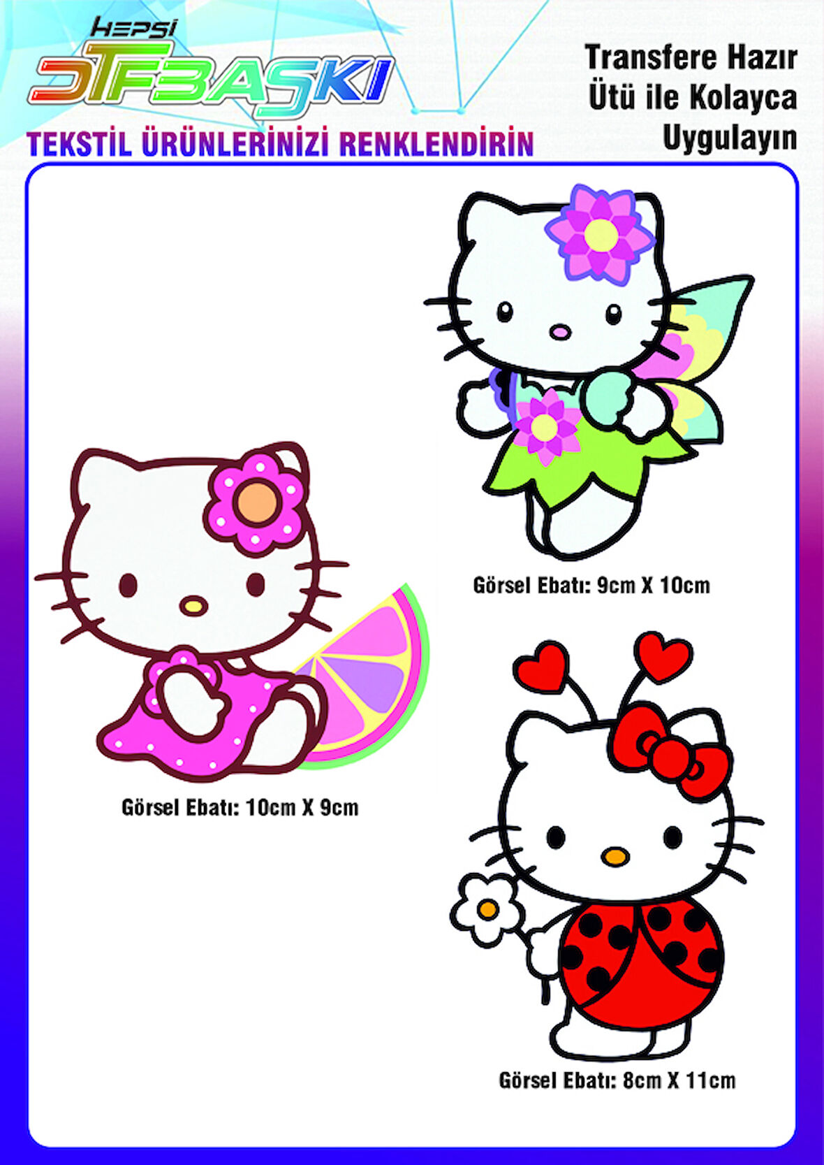Hello Kitty 3 Adet Ütü ile Yapışan Tekstil DTF Baskı