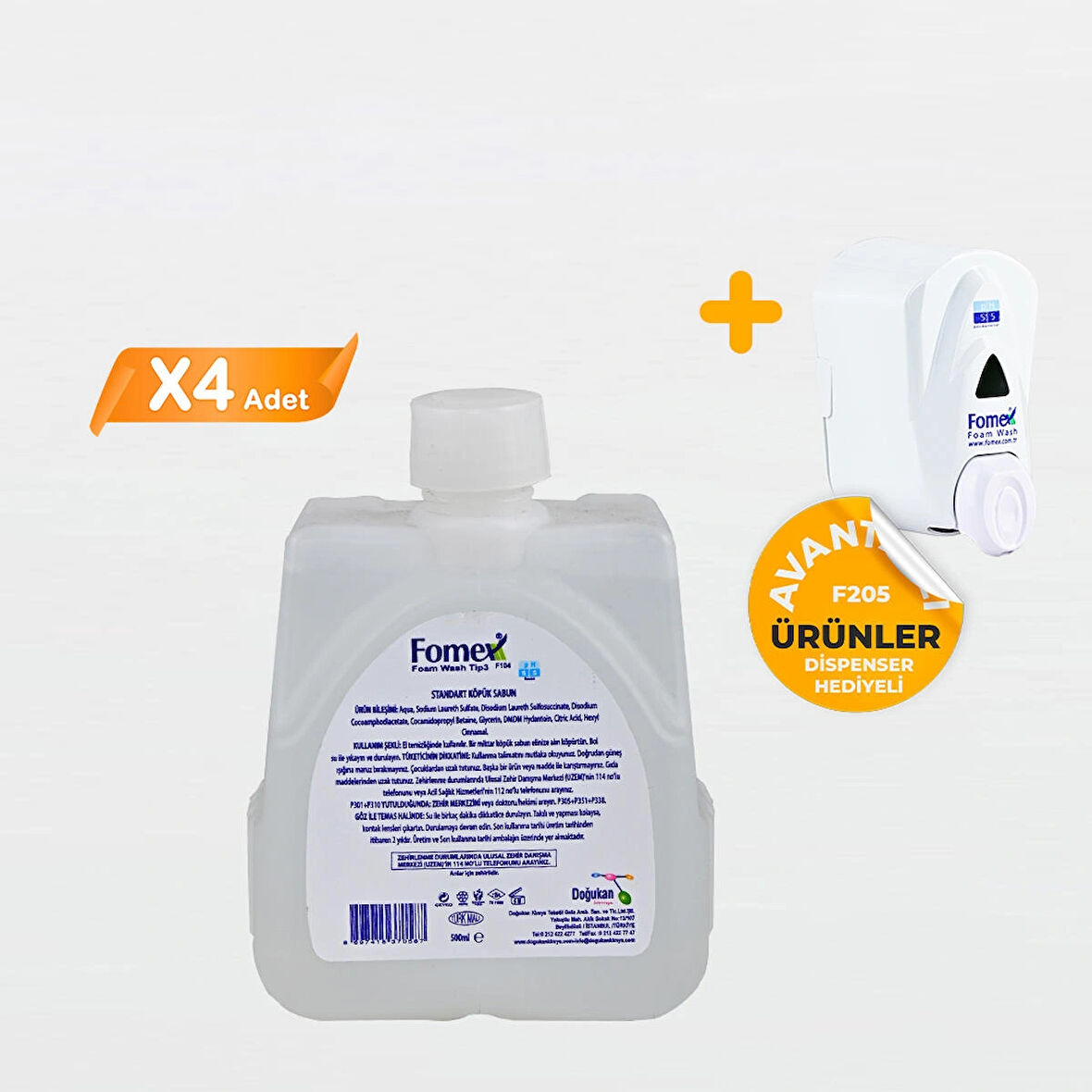 F303 Köpük Sabun 500 ml Standart 4 Adet +1 Adet Dispenser