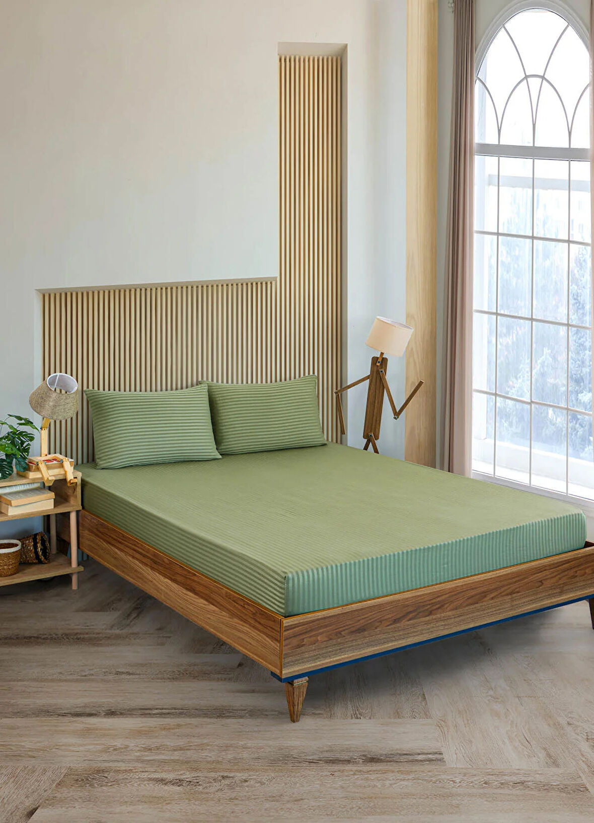 Pamuklu Çizgili Saten Çift Kişilik Lastikli Çarşaf Seti 160x200 Cm 2 Adet Yastık Kılıfı 50x70 Cm Yeşil