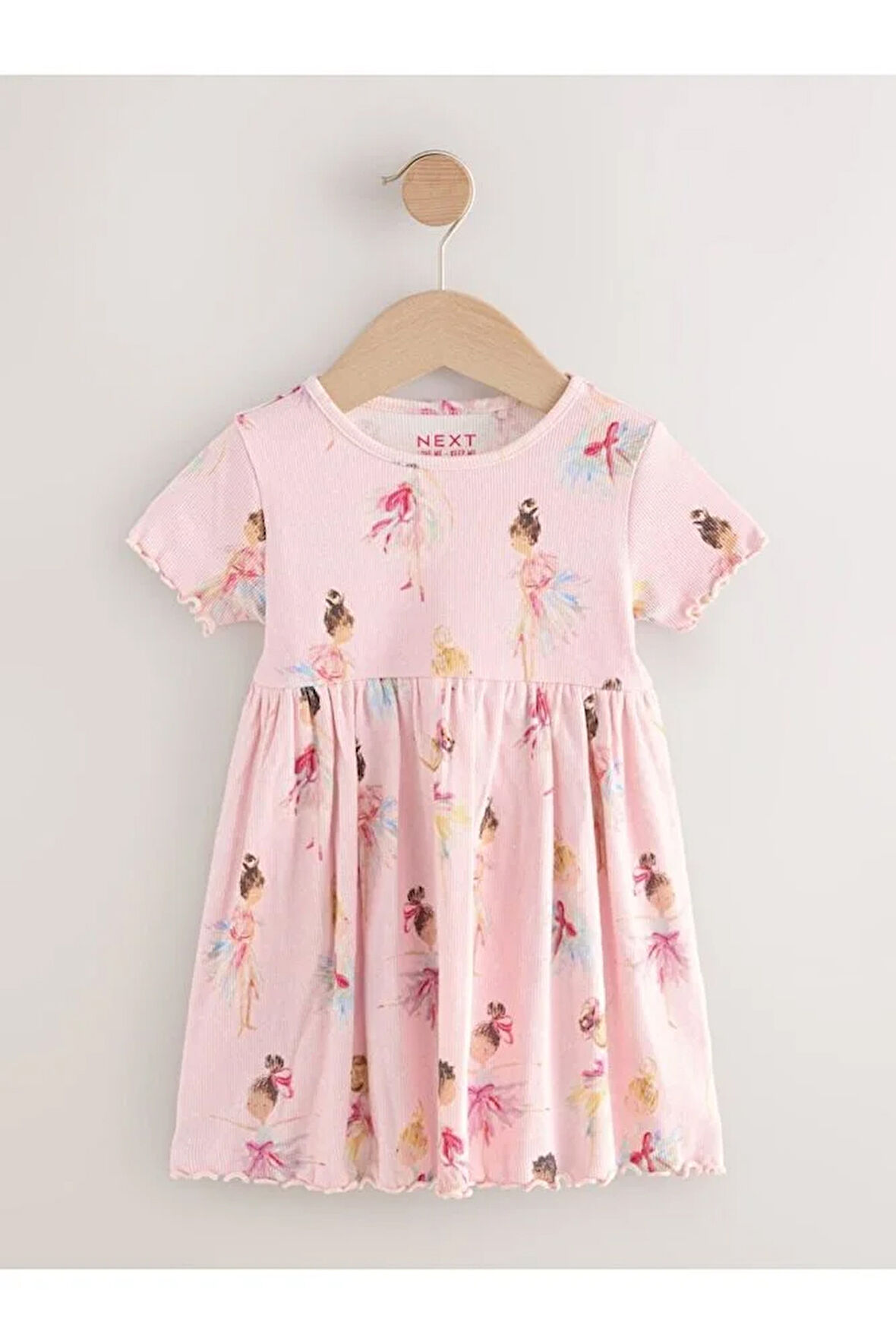 % 100 Pamuklu Pembe Balerin Desenli Kısa Kollu Elbise