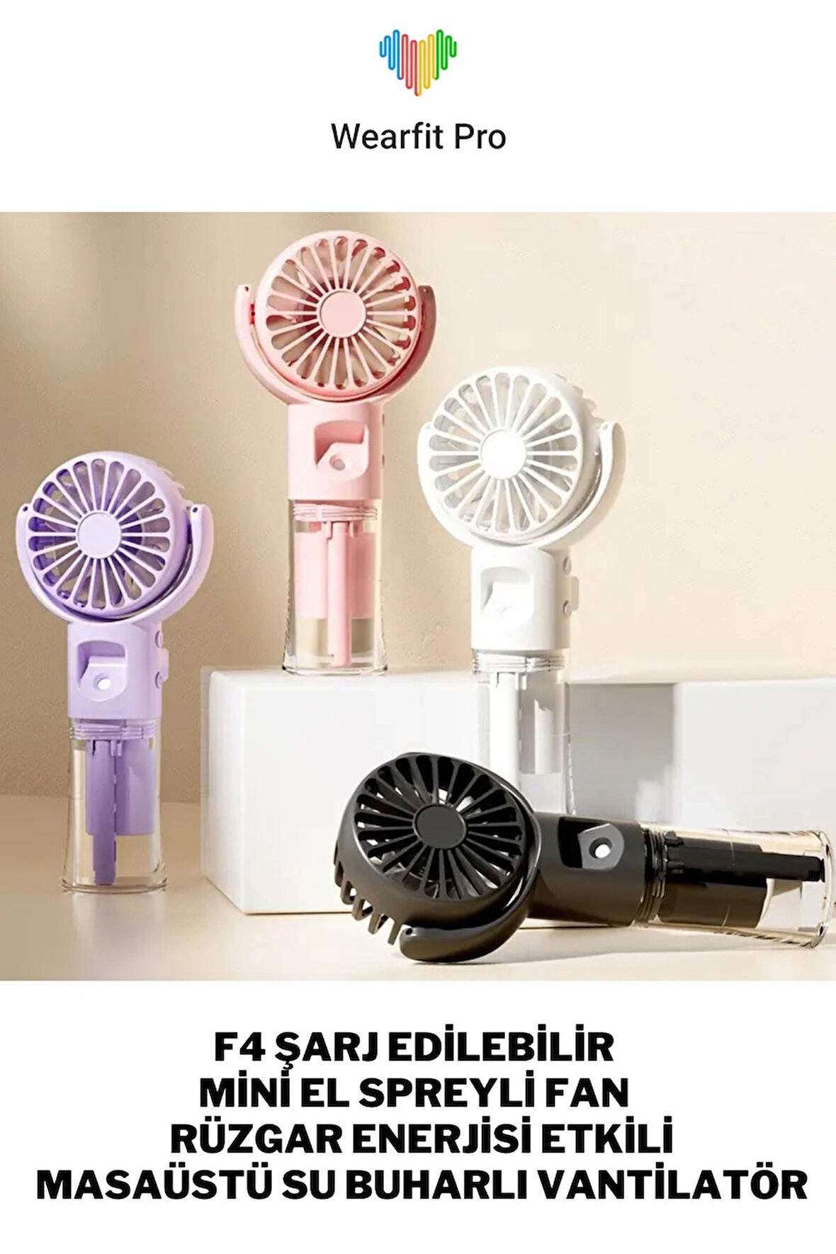 Wearfitpro F4 Şarj Edilebilir Mini El Spreyli Fan Rüzgar Enerjisi Etkili Masaüstü Su Buharlı Vantilatör