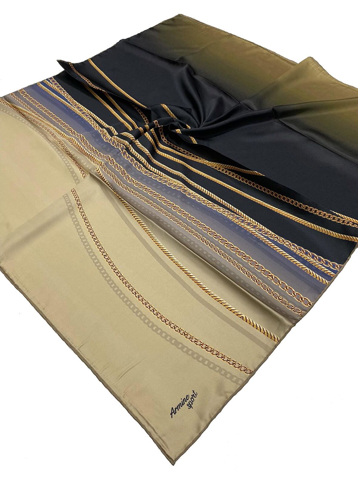 Armine Sport twill (tivil) Nostalji Zincir Desen Eşarp Vizon Gold Siyah 