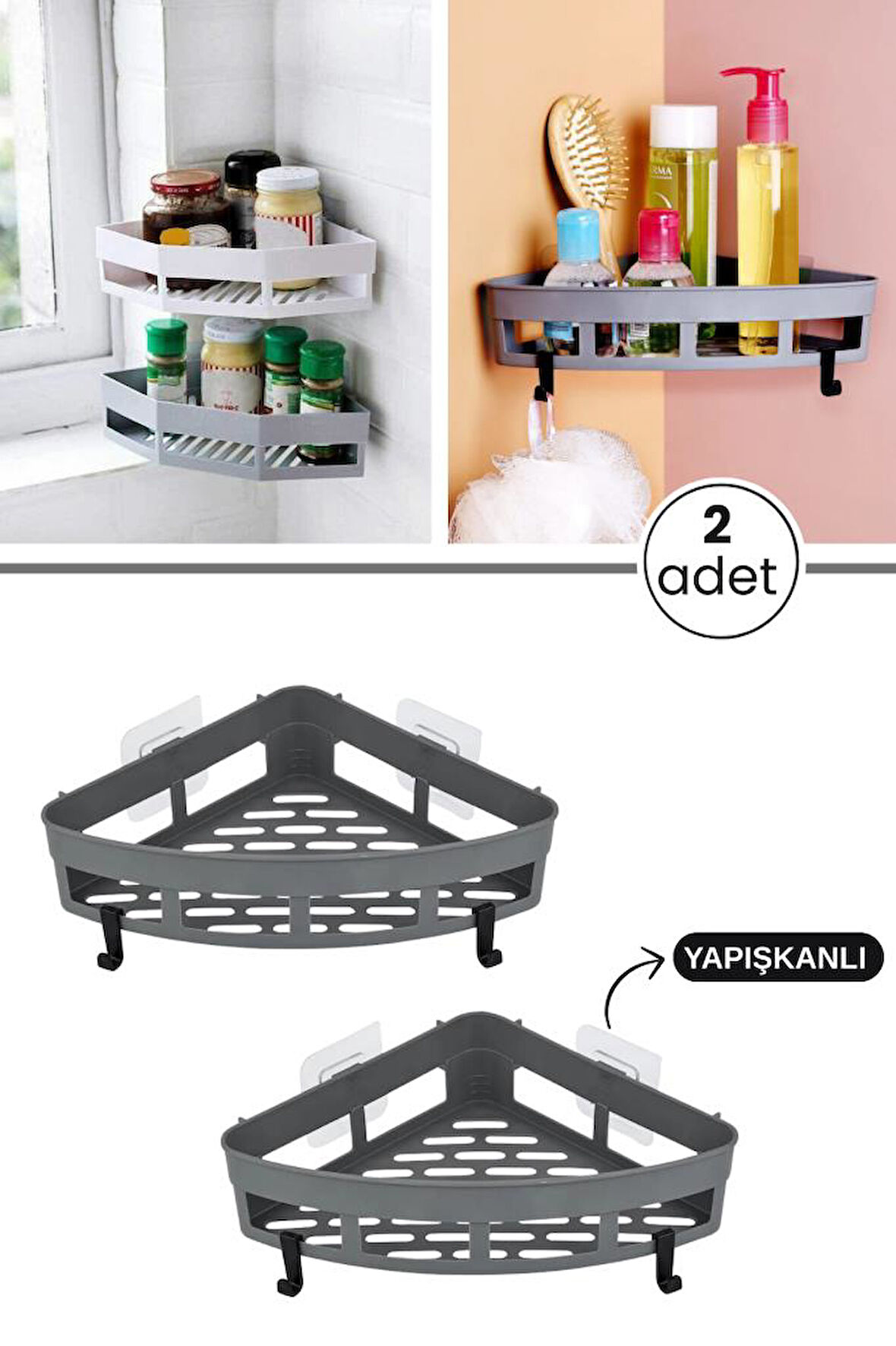 2 Adet Yapışkanlı Köşeli Raf, Vidalama Gerektirmeyen Banyo Duş Şampuan Mutfak Baharat Rafı Gri