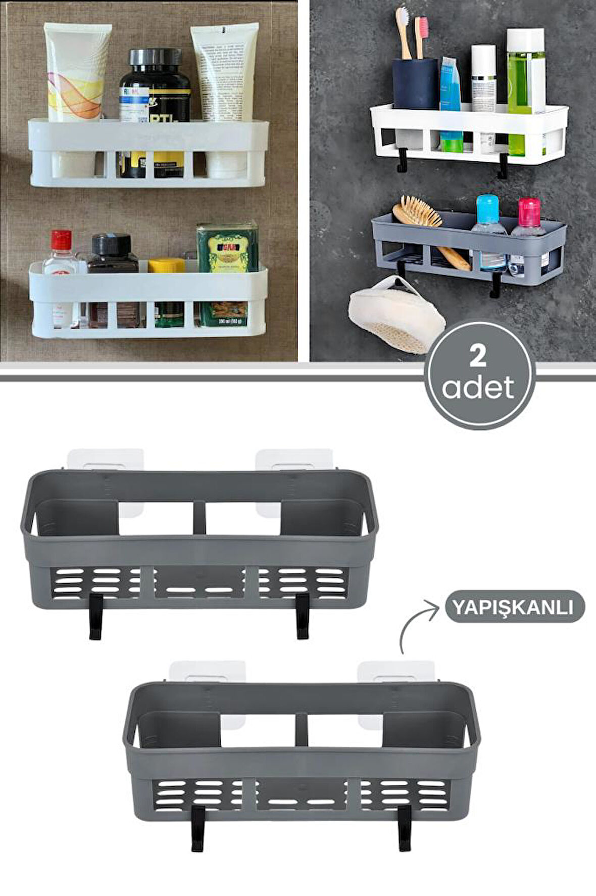2 Adet Yapışkanlı Plastik Raf, Delme Vida Gerektirmeyen Banyo Duş Şampuan Mutfak Baharat Rafı Gri