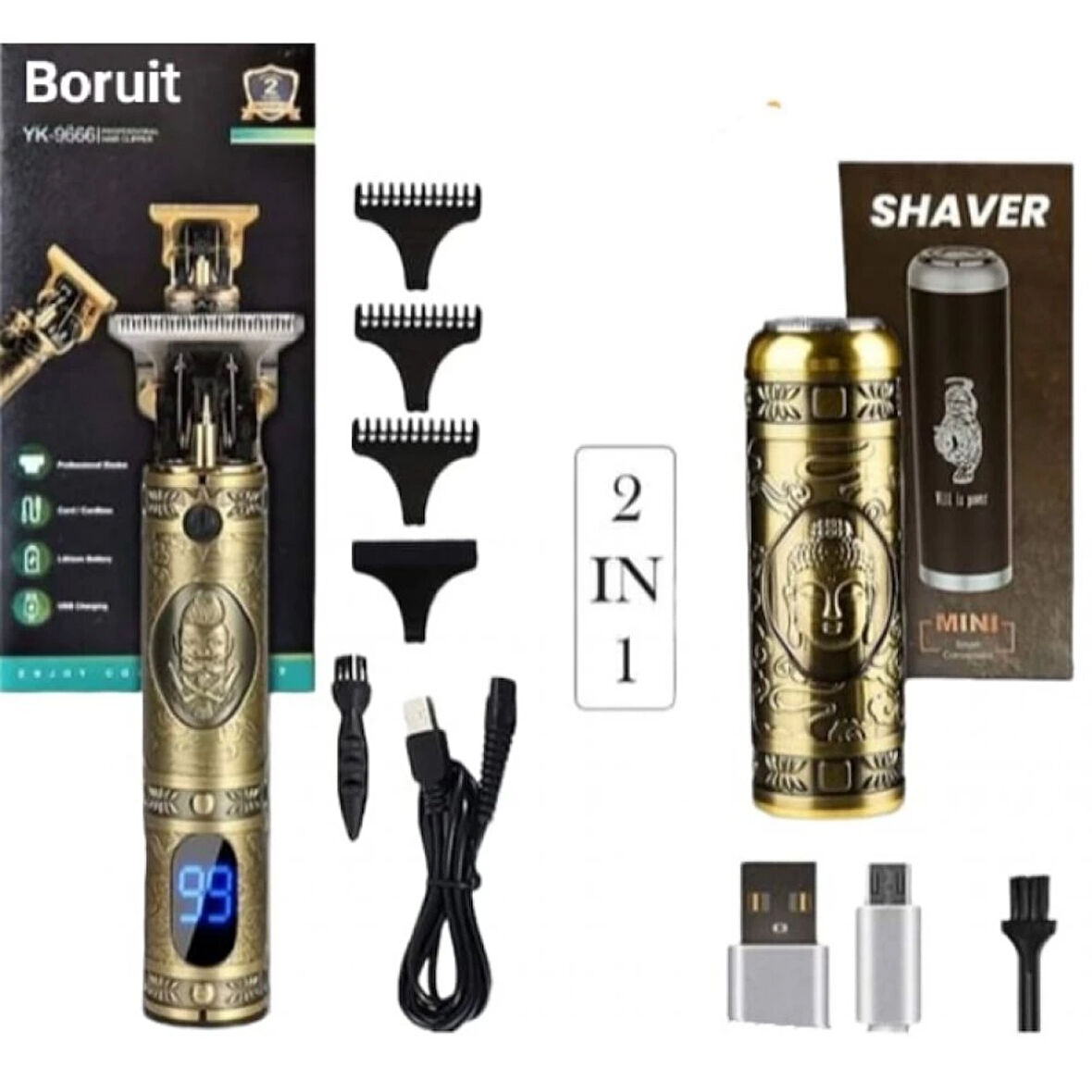 Pro 2 In 1 Vintage Tıraş Makinesi Şarjlı Dijital Göstergeli Aliminyum Gövde