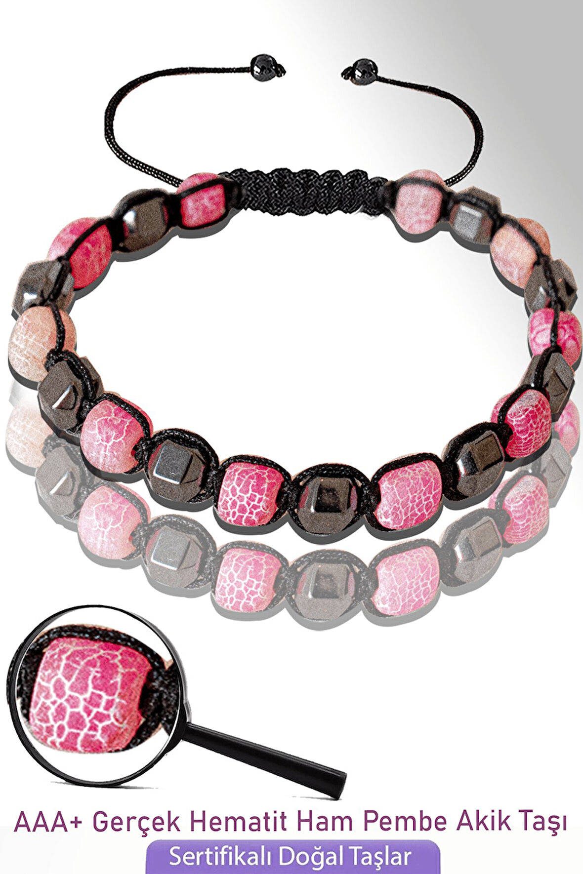 Sertifikalı Küp Model Ham Pembe Akik Taşı Bileklik - Ayarlamalı