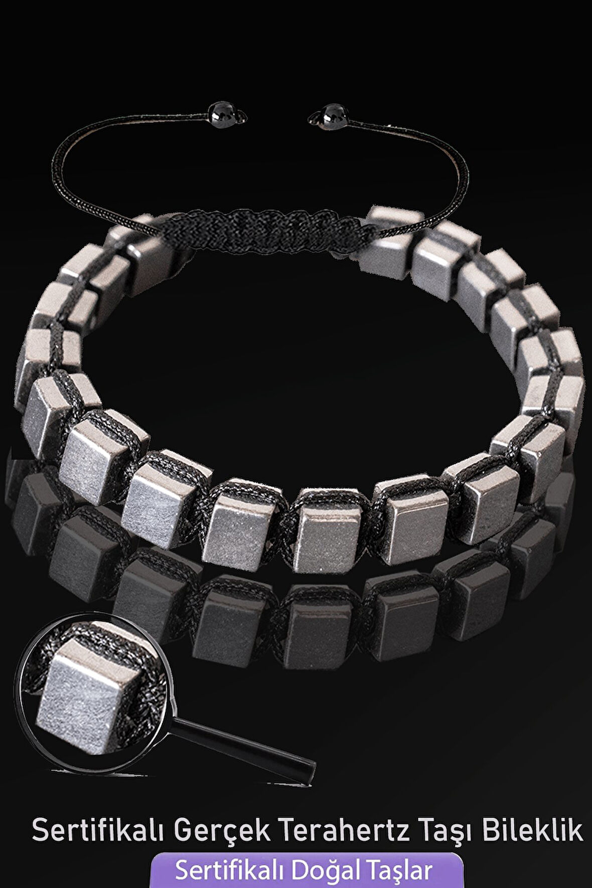 Sertifikalı Küp Model Gerçek Terahertz Taşı Bileklik - Titreşim Taşı