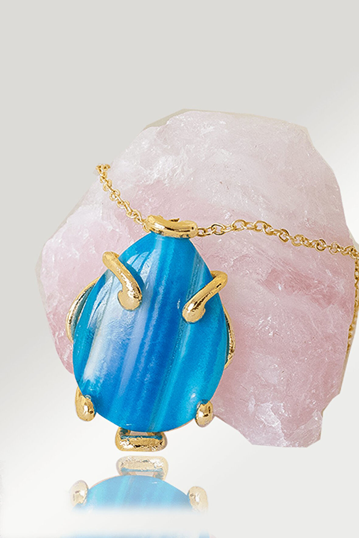 Sertifikalı AAA+ Damla Tırnaklı Mavi Akik Taşı Kolye - Altın Renkli