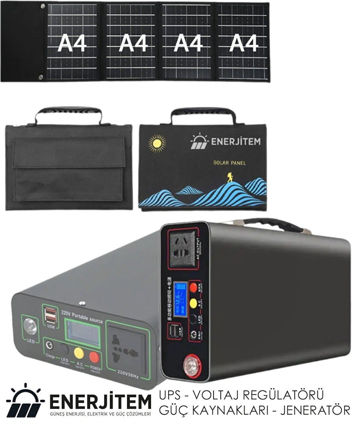 ENERJİTEM 30 W GÜNEŞTEN ŞARJ + 300W Sessiz Hibrit Jeneratör, Taşınabilir Güç Kaynağı,Powerbank, 100.000 MAH