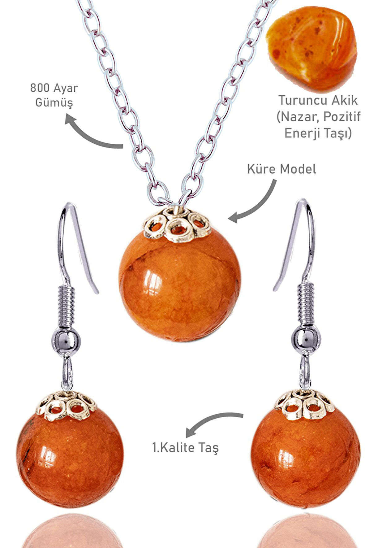 Sertifikalı Küre Model Turuncu Akik Taşı Kolye ve Küpe Seti - Gümüş Aparatlı