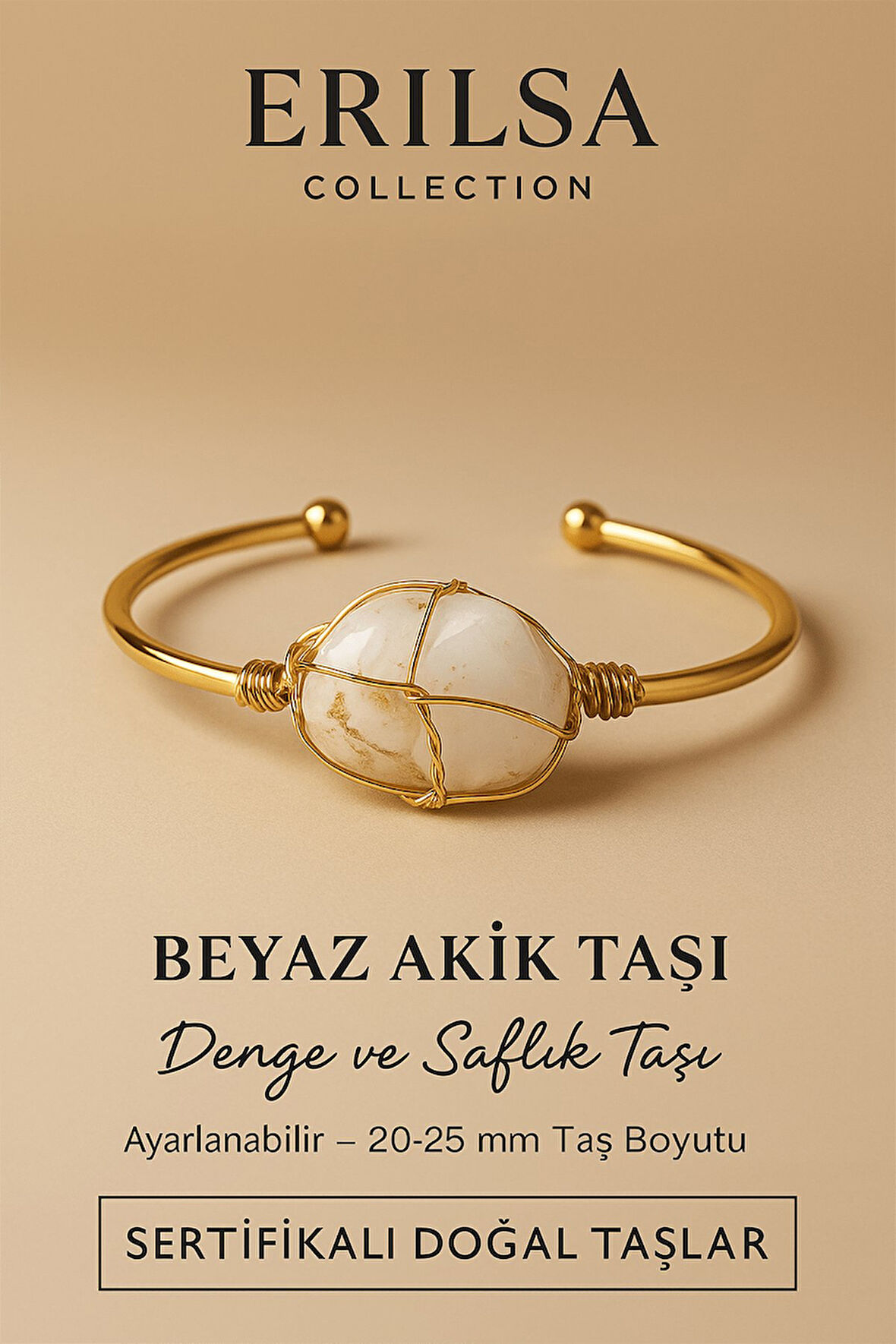 Sertifikalı Doğal Beyaz Akik Taşı Ayarlanabilir 24K Altın Kaplama Bileklik 20-25 mm