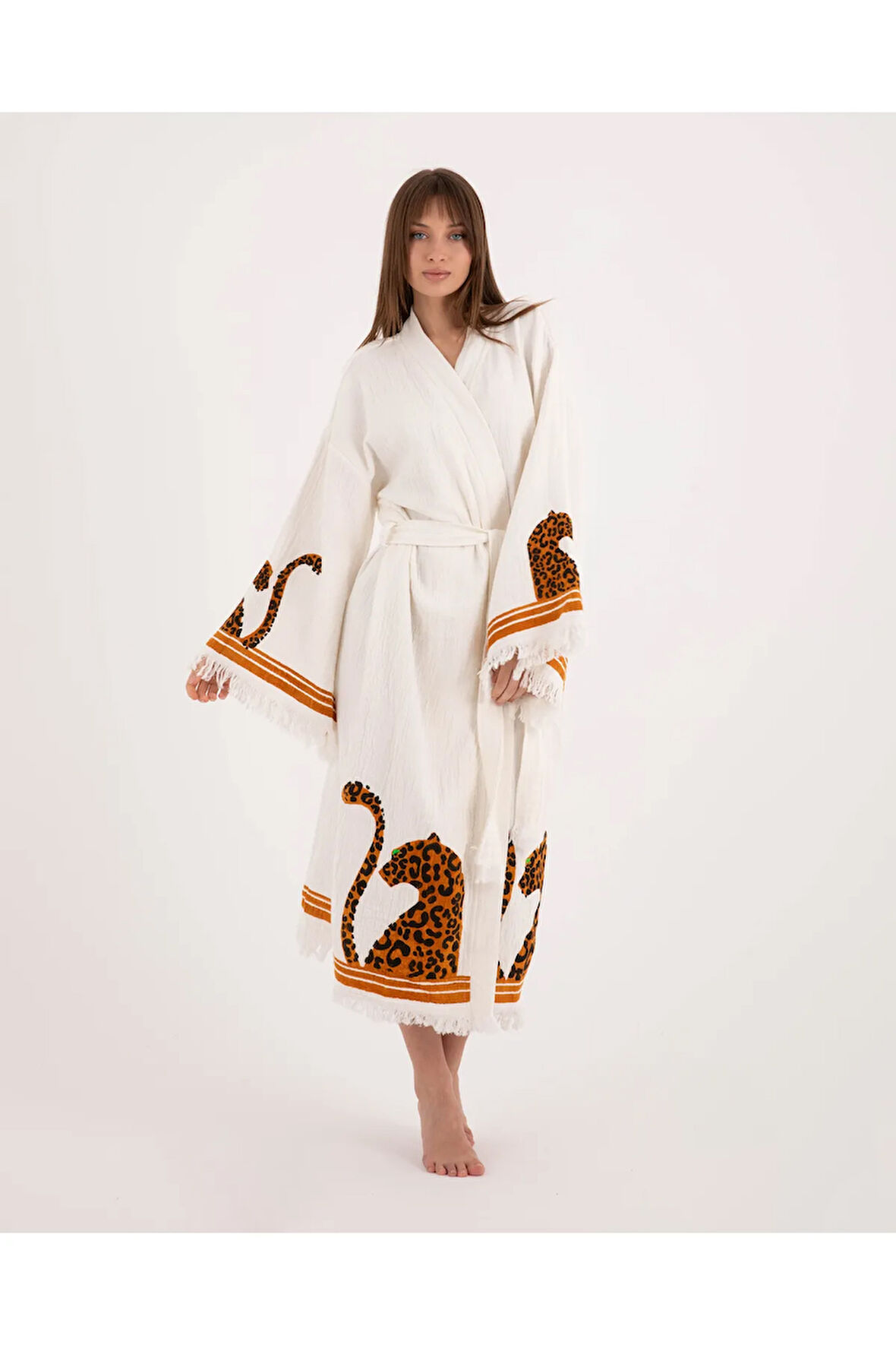 Müslin Kimono %100 Pamuklu Leopar Baskılı Desenli Bornoz Kaftan Sabahlık