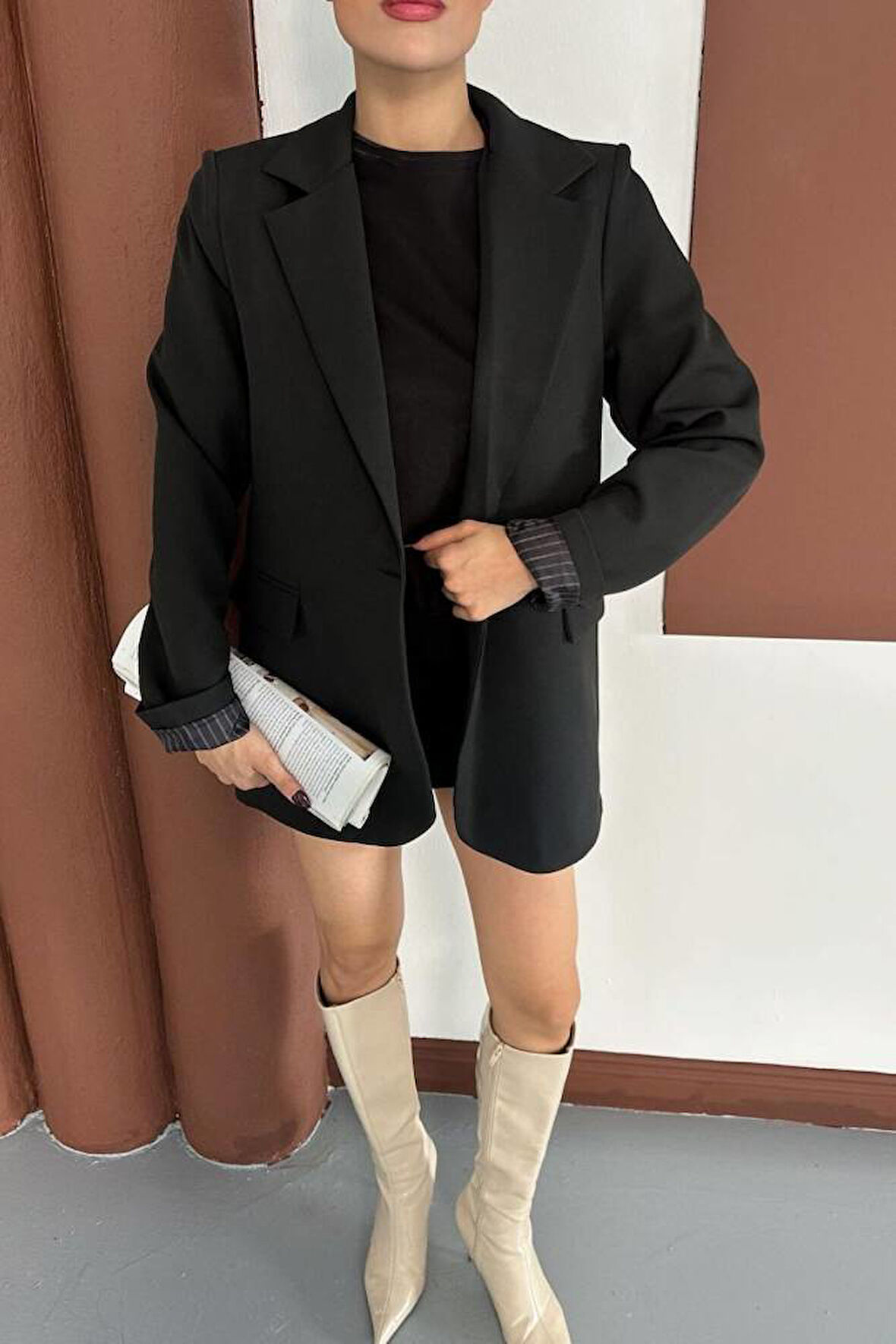 KRUVAZE YAKA İÇİ ÇİZGİ DESEN ASTARLI BLAZER CEKET MARKA MUADİL