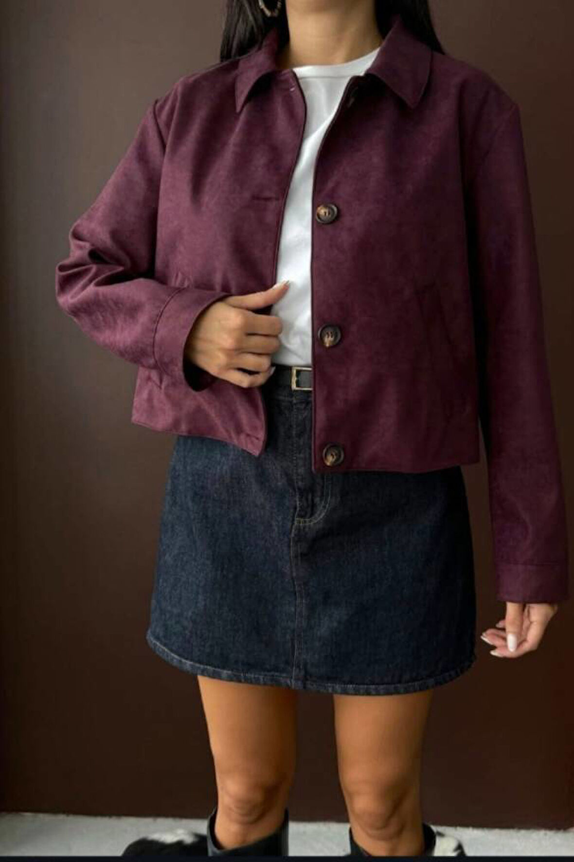 YAKALI MODEL SUNİ SÜET ASTARLI KISA CEP DETAYLI CEKET